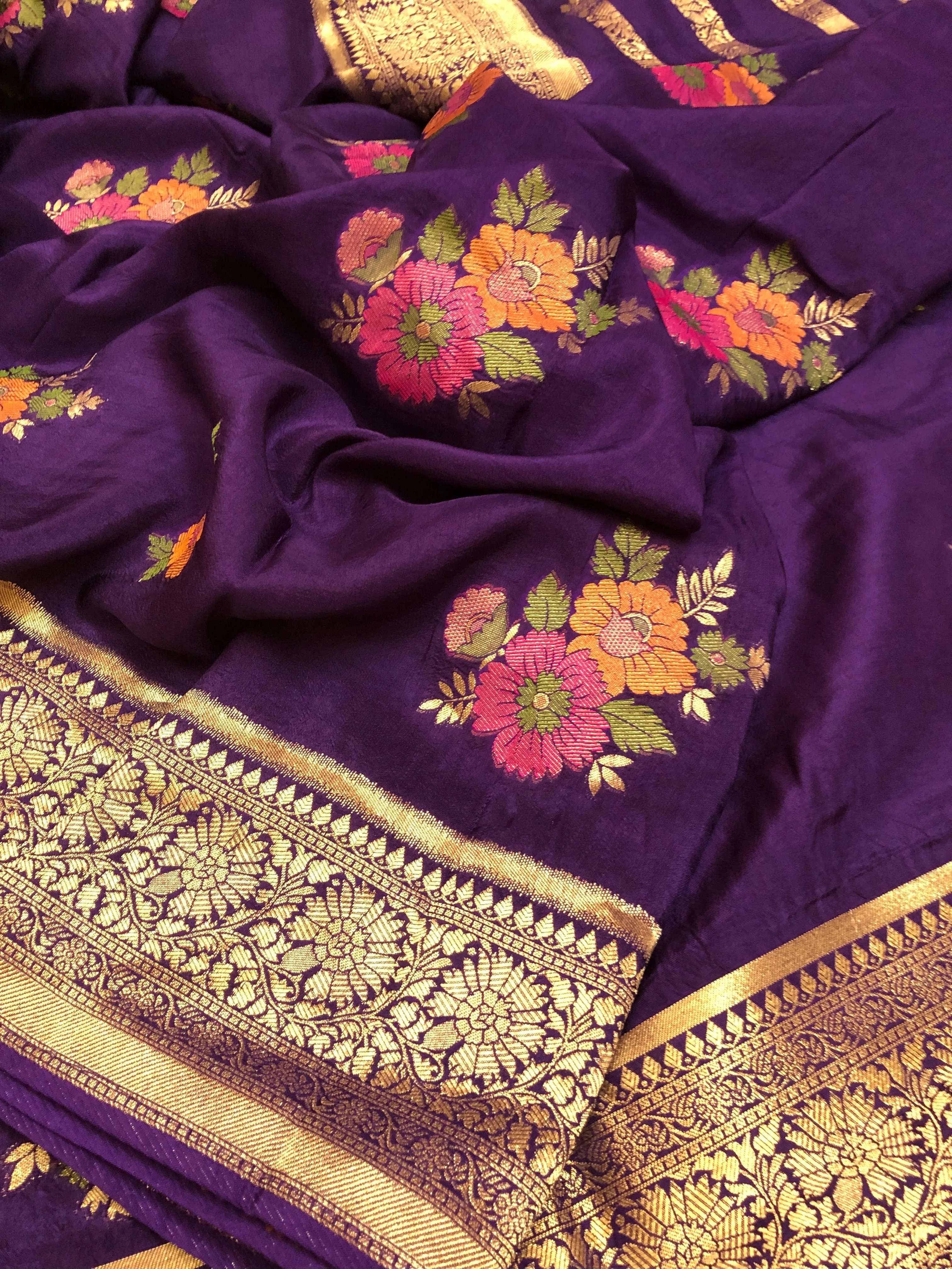 Dark Violet Color Muga Banarasi Saree with Meenakari Work