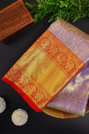 Deep Lavender Color Pure Brocade Kanjeevaram with Broad Golden Zari Border