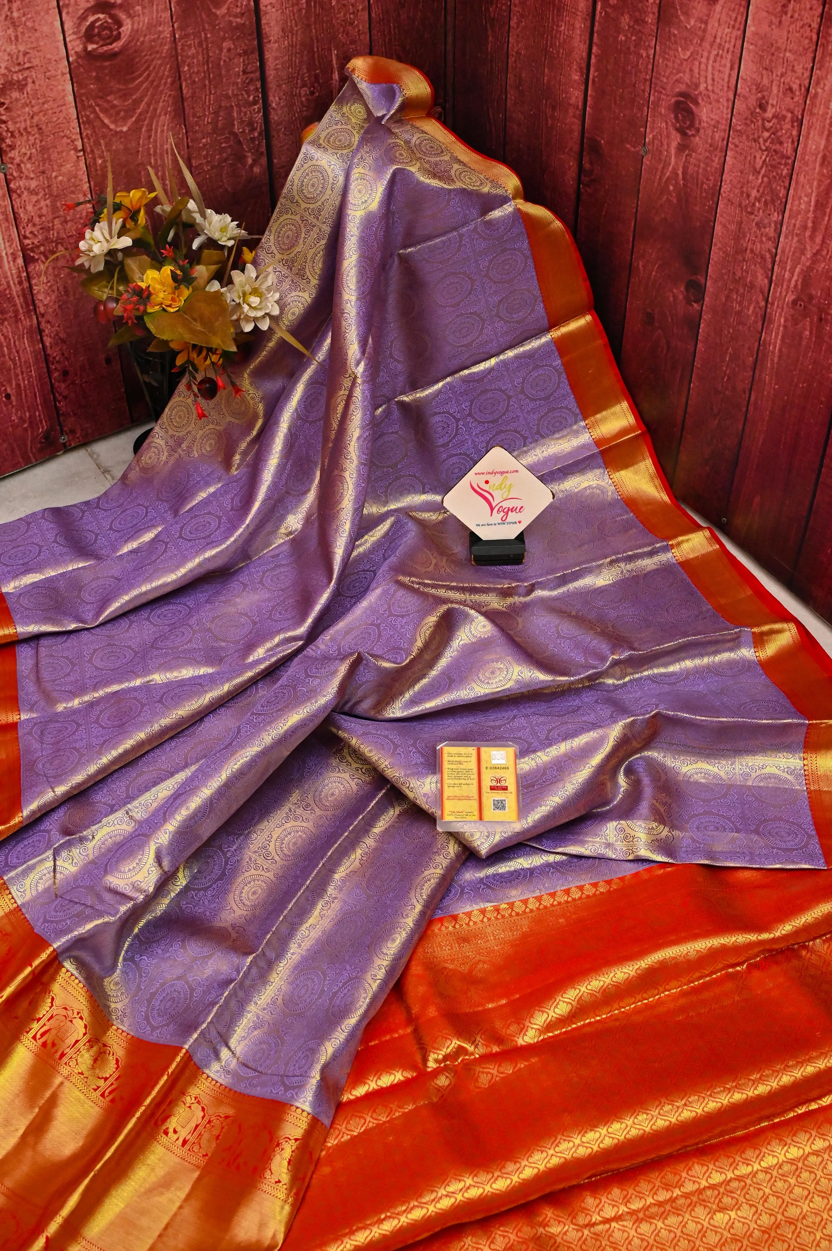 Deep Lavender Color Pure Brocade Kanjeevaram with Broad Golden Zari Border