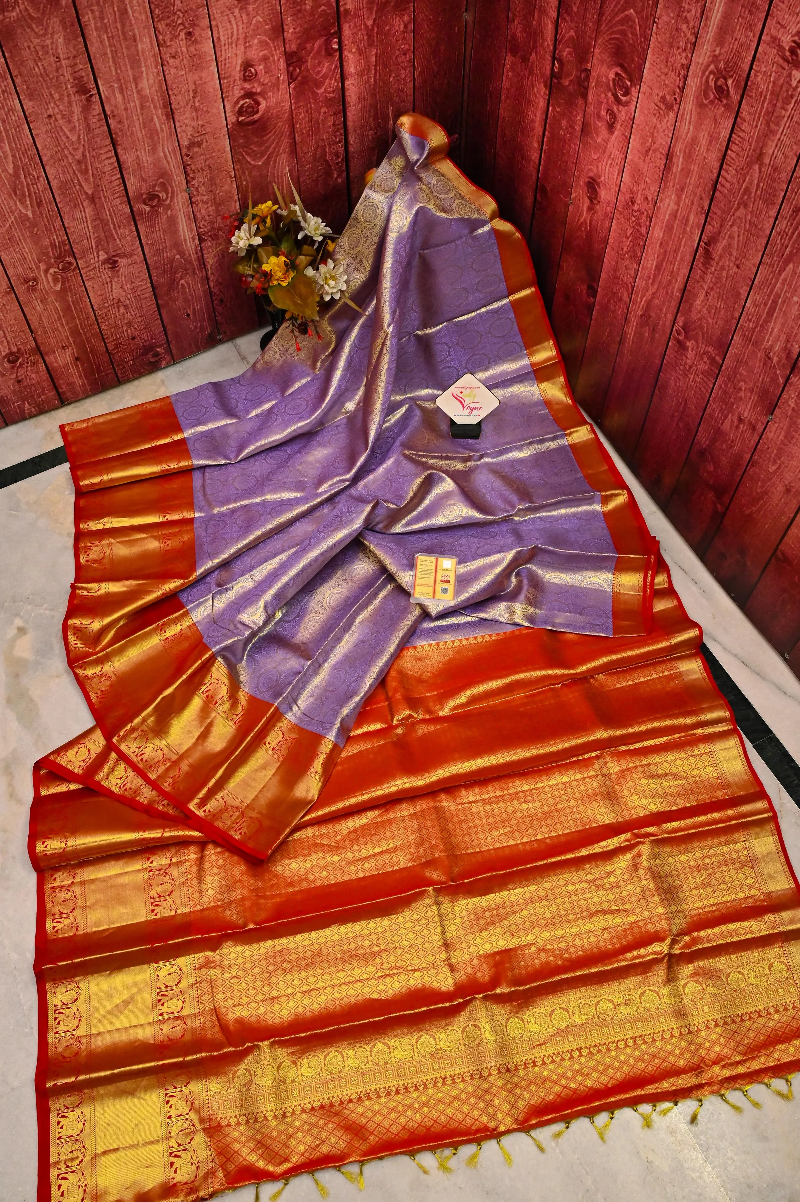 Deep Lavender Color Pure Brocade Kanjeevaram with Broad Golden Zari Border