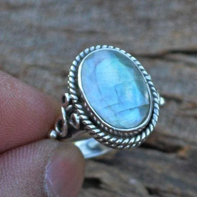 Faceted Rainbow Moonstone Gemstone 925 Sterling Silver Ring, Rainbow Moonstone Jewelry, June Birthstone, Nickel Free