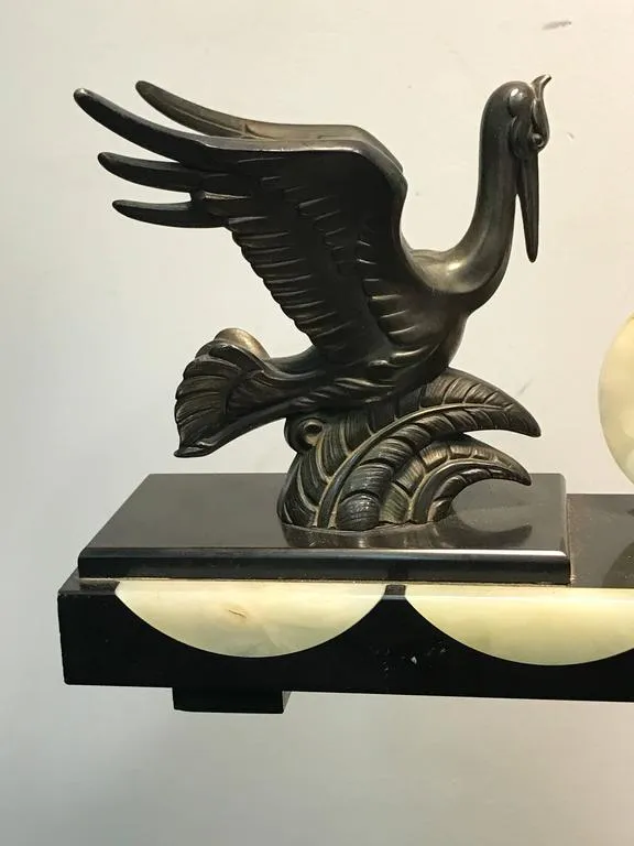 French Art Deco Marble and Onyx Mantel Clock with Flying Herons