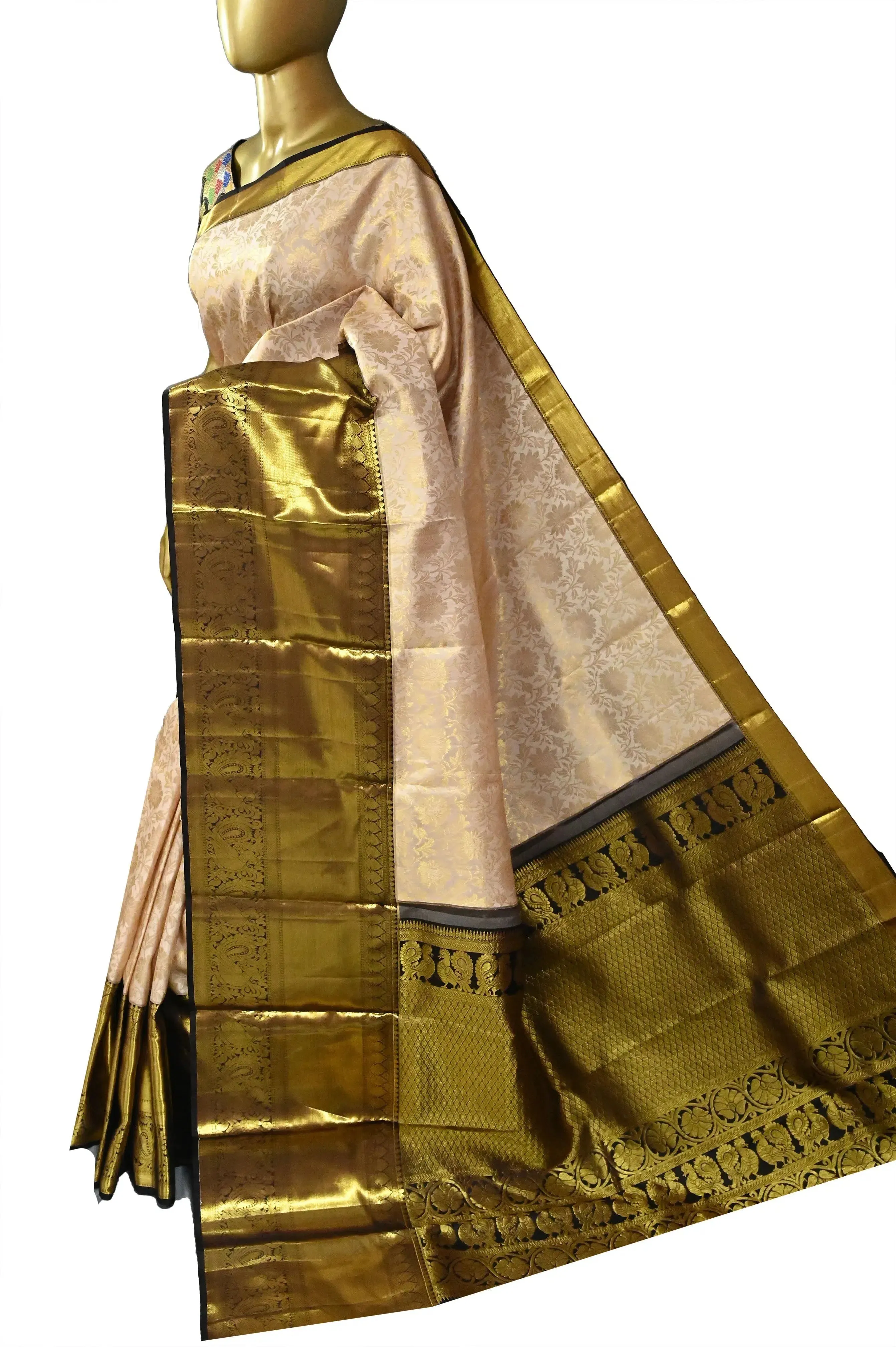 Golden Color Pure Brocade Korvai Kanjeevaram Silk Saree with Allover Work