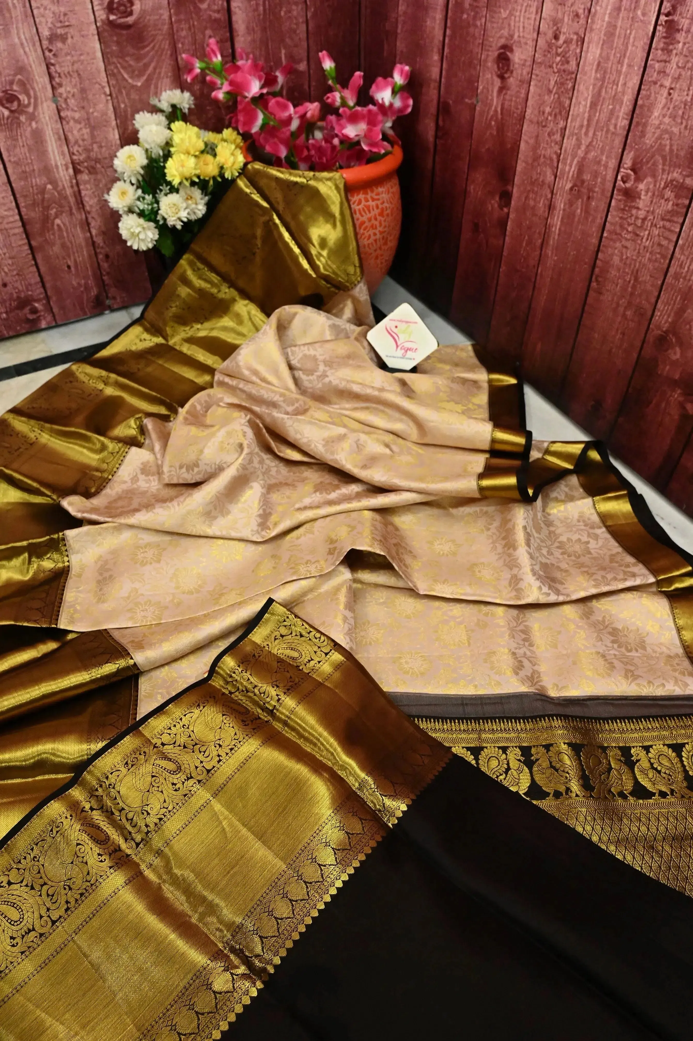 Golden Color Pure Brocade Korvai Kanjeevaram Silk Saree with Allover Work