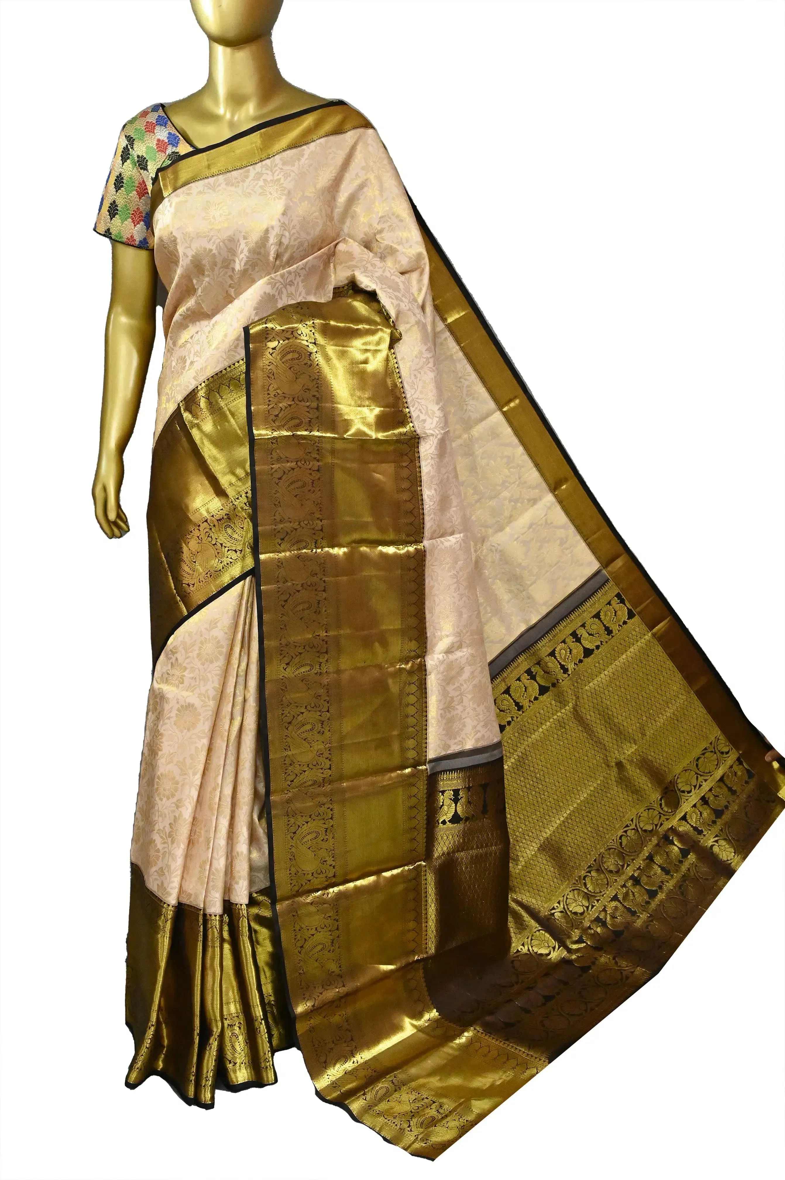 Golden Color Pure Brocade Korvai Kanjeevaram Silk Saree with Allover Work