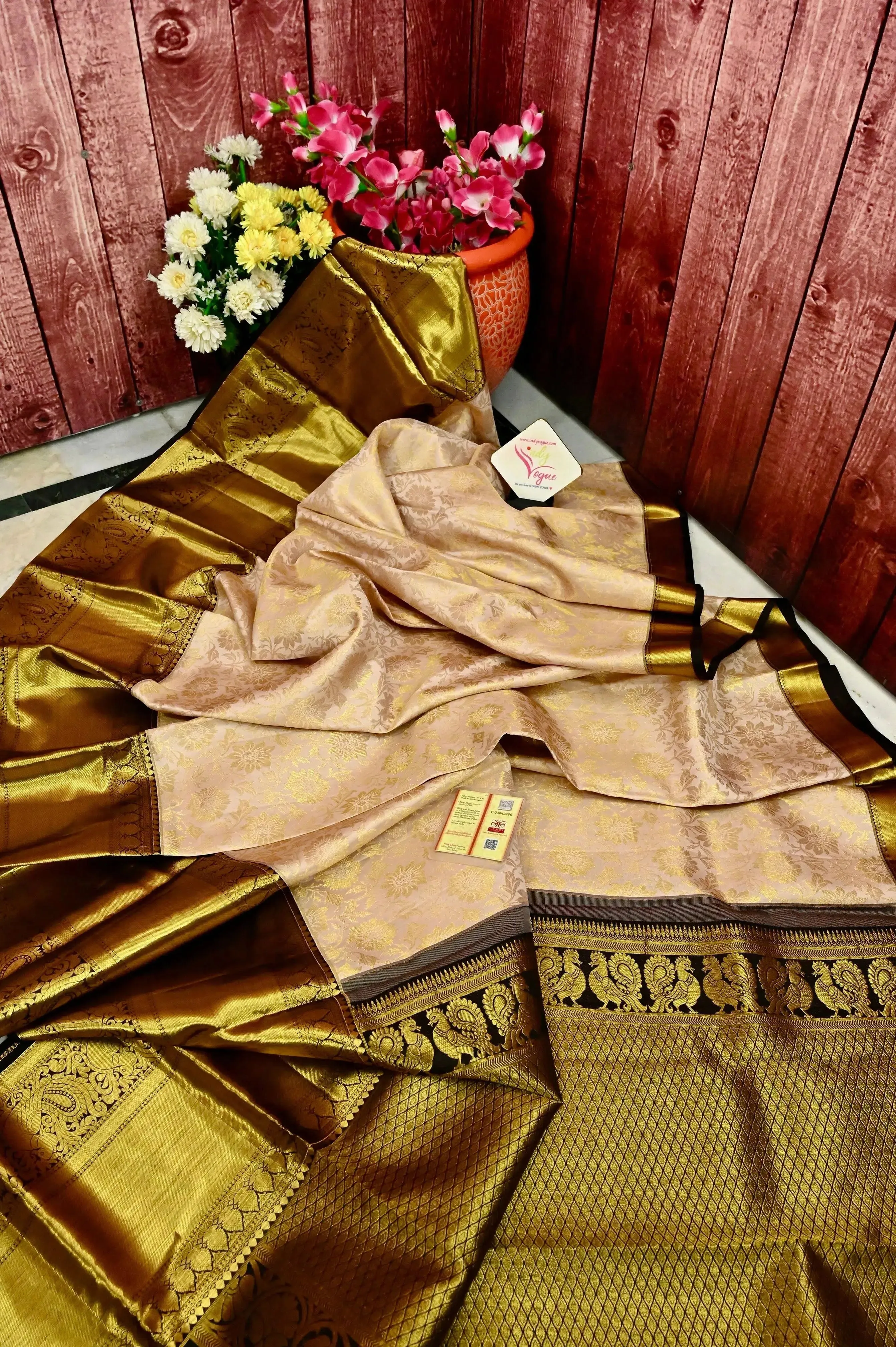 Golden Color Pure Brocade Korvai Kanjeevaram Silk Saree with Allover Work