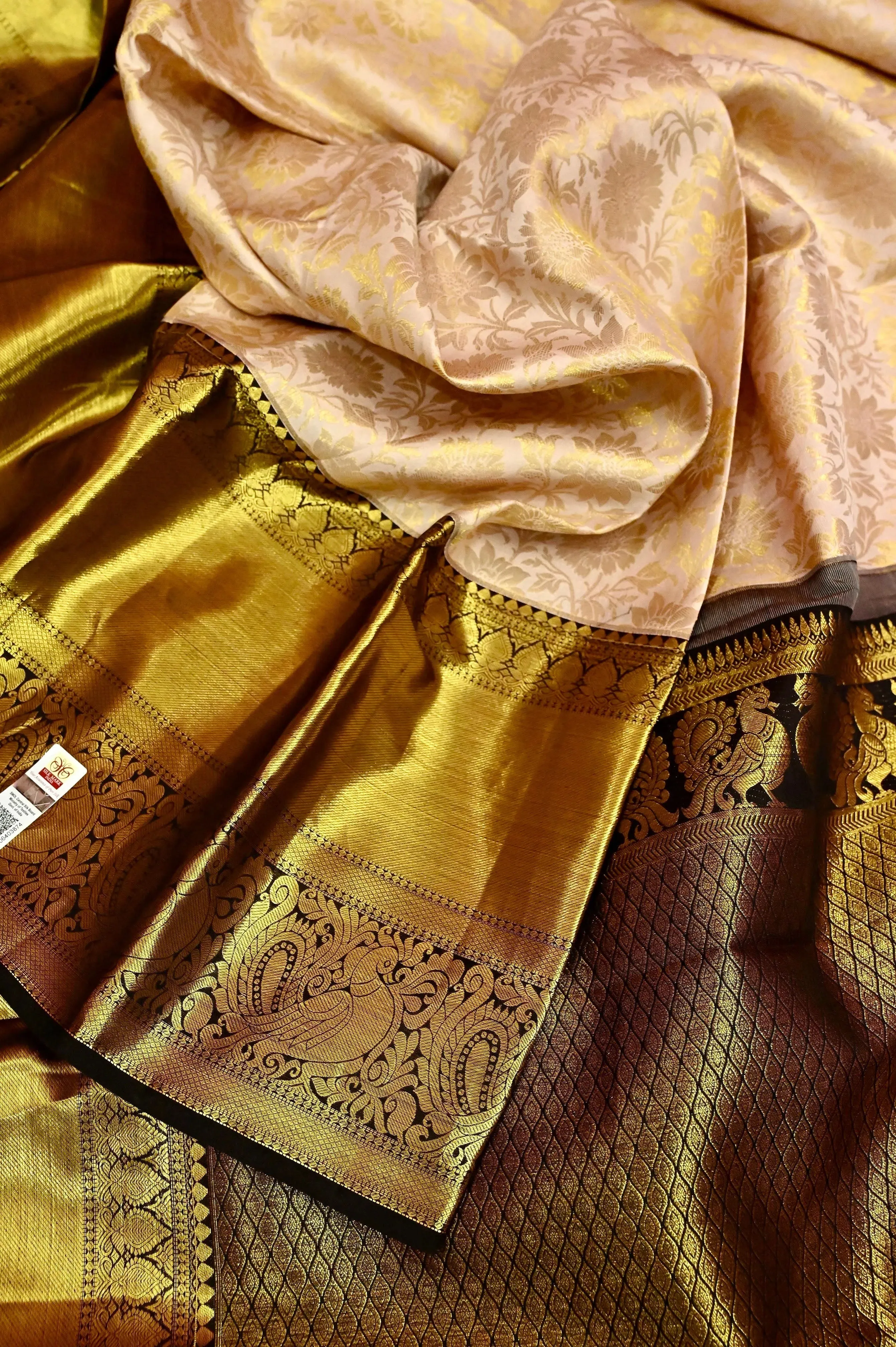 Golden Color Pure Brocade Korvai Kanjeevaram Silk Saree with Allover Work