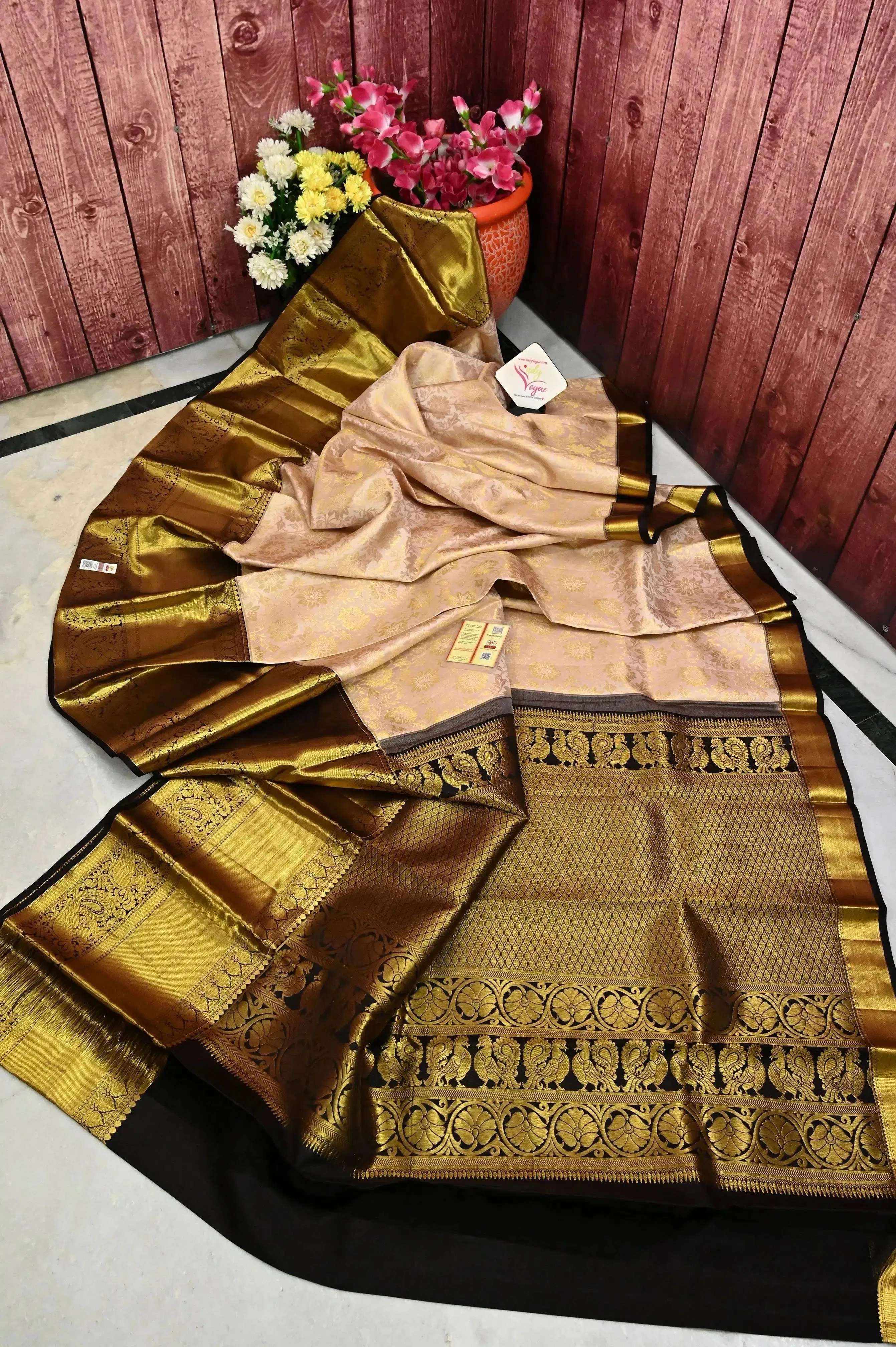 Golden Color Pure Brocade Korvai Kanjeevaram Silk Saree with Allover Work