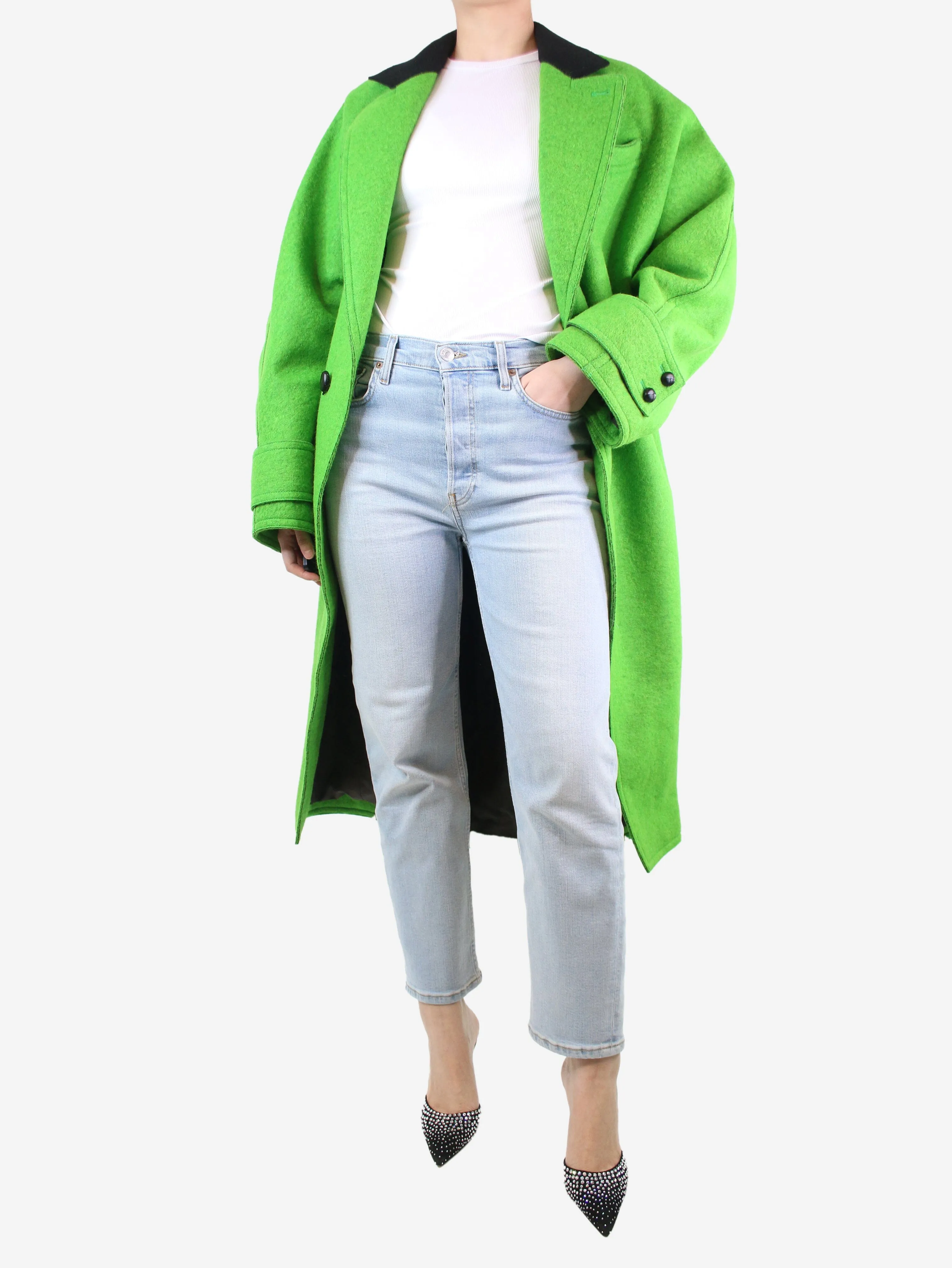 Green single-button wool coat - size UK 10