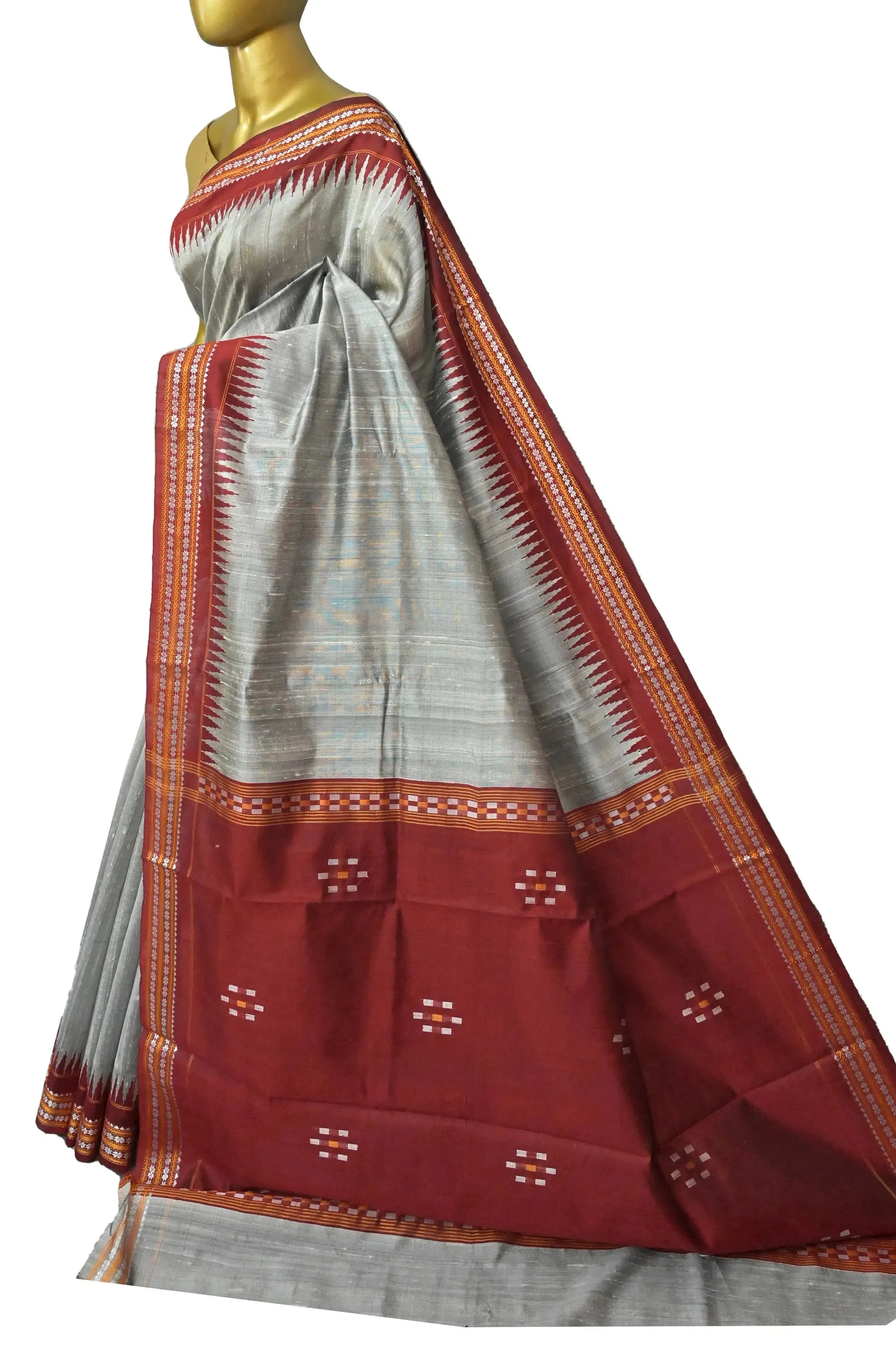 Grey and Red Color Raw Silk Saree with Vidarbha Border