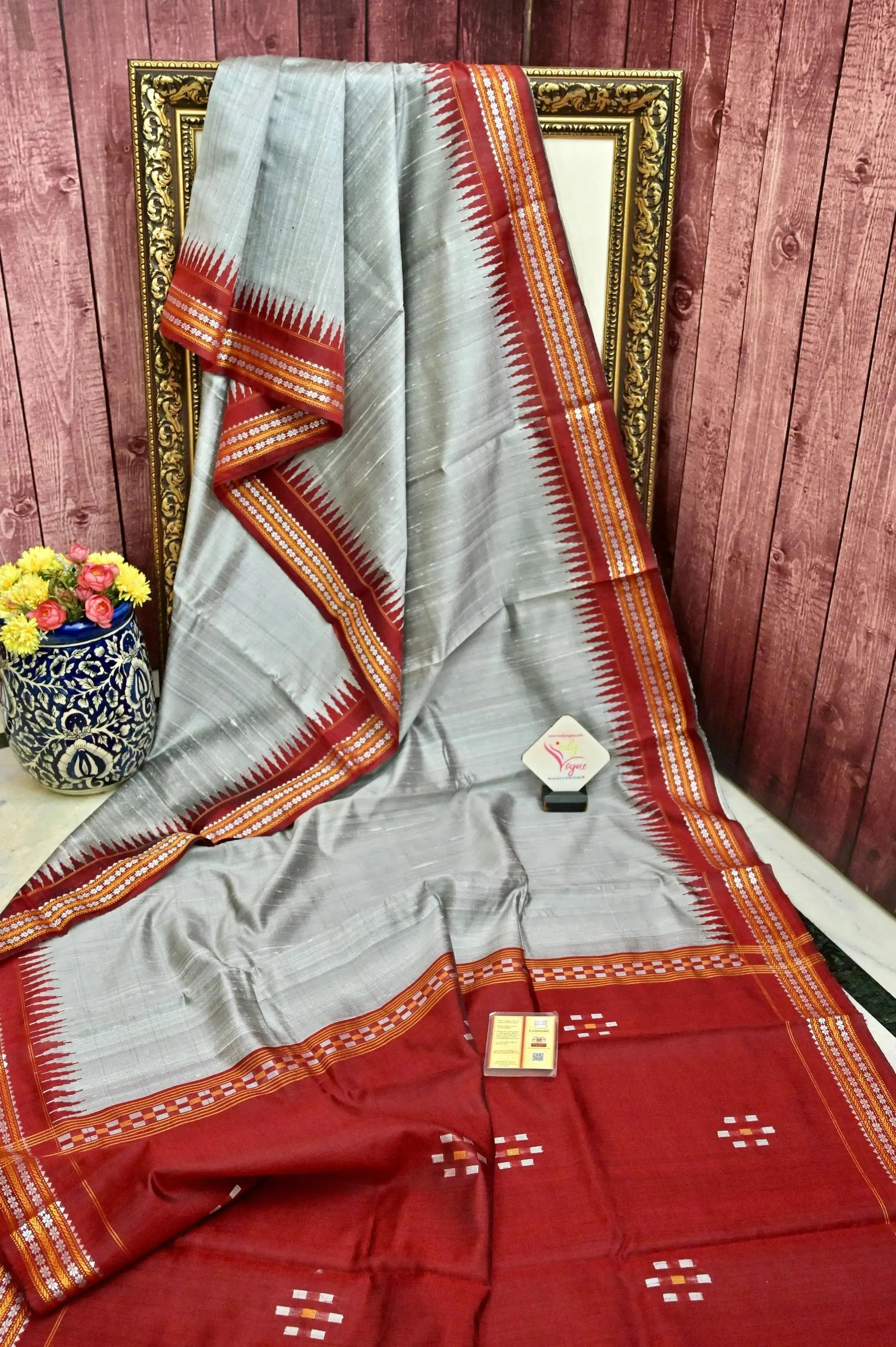 Grey and Red Color Raw Silk Saree with Vidarbha Border