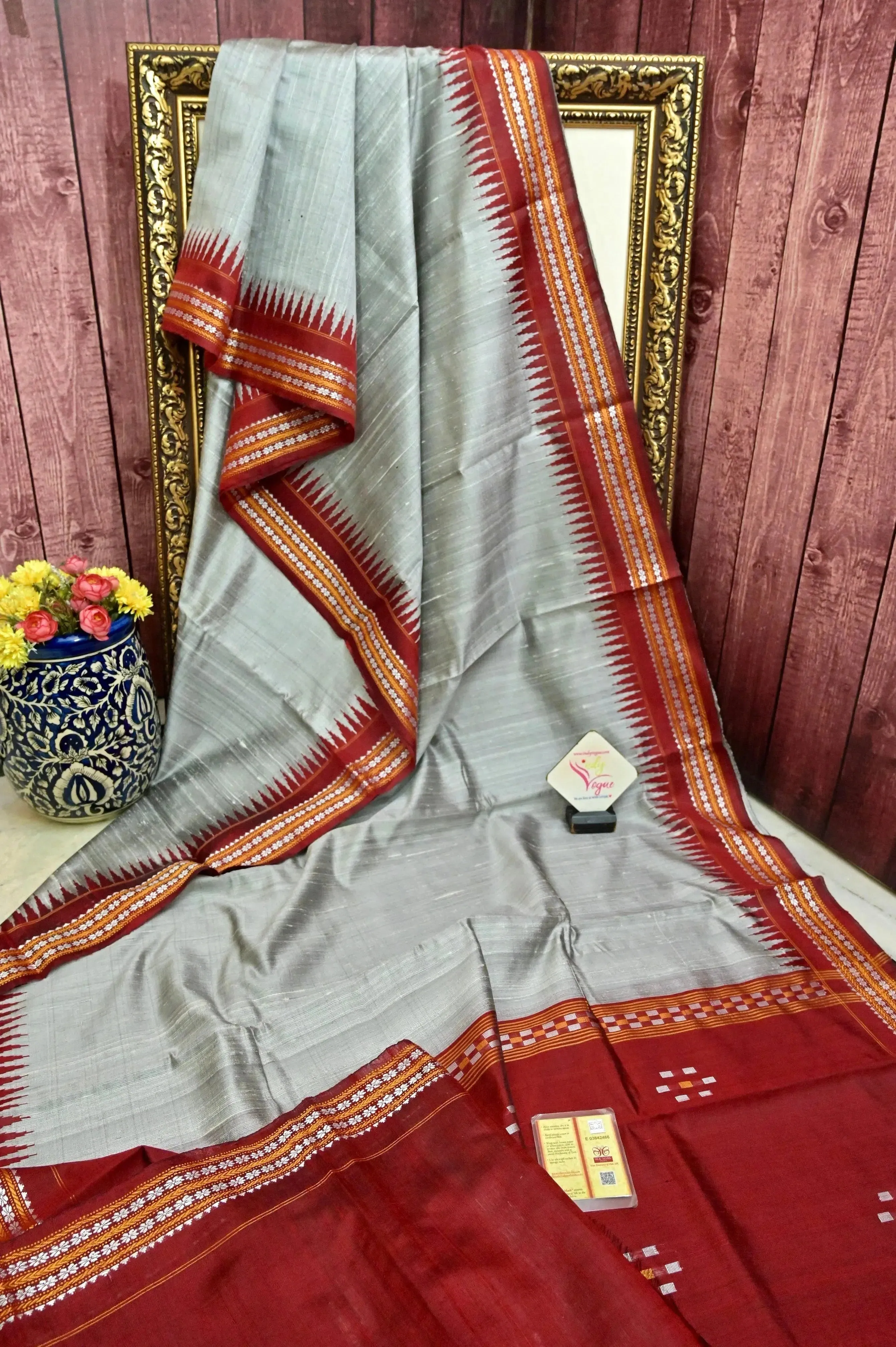 Grey and Red Color Raw Silk Saree with Vidarbha Border