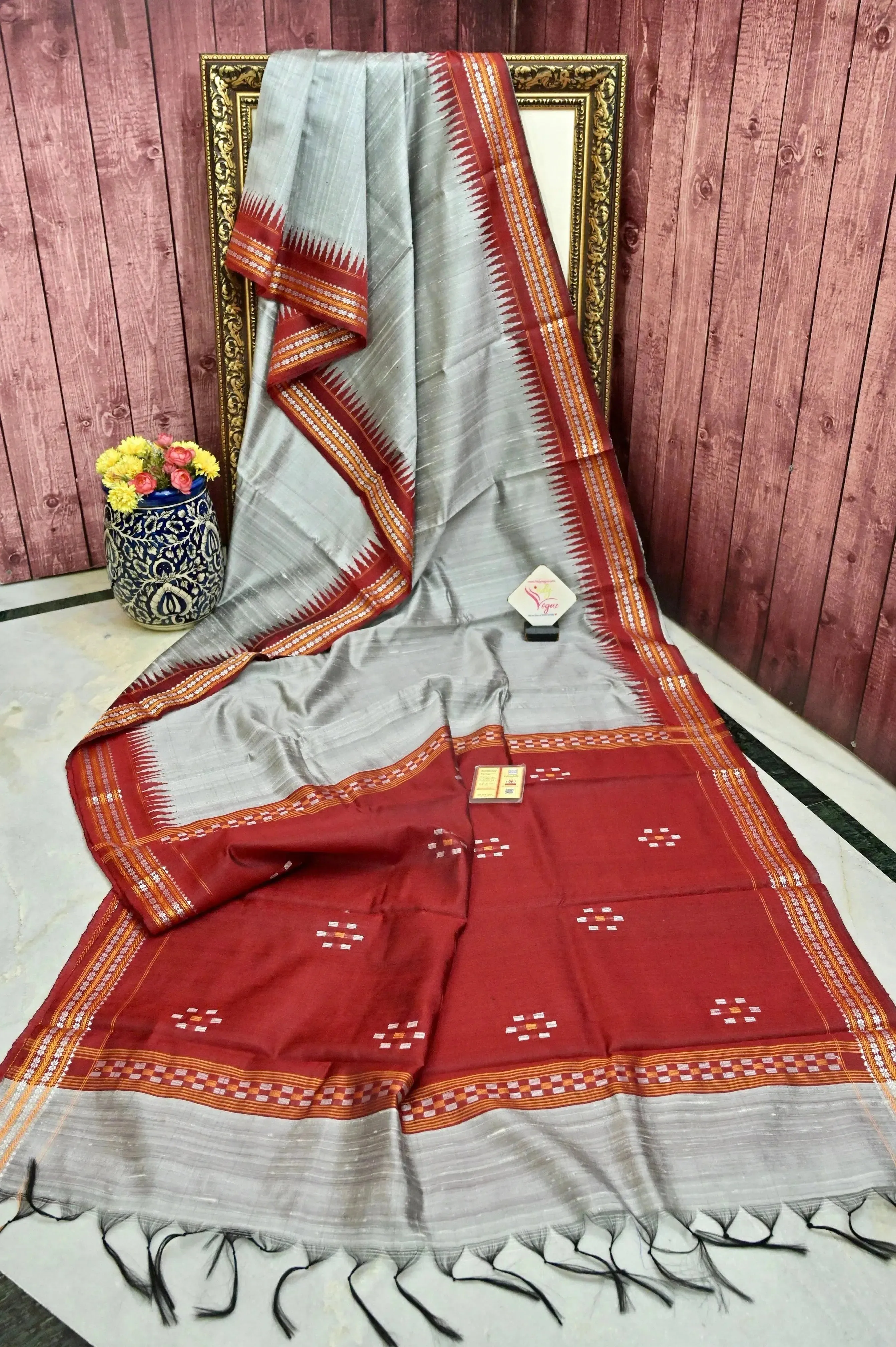 Grey and Red Color Raw Silk Saree with Vidarbha Border