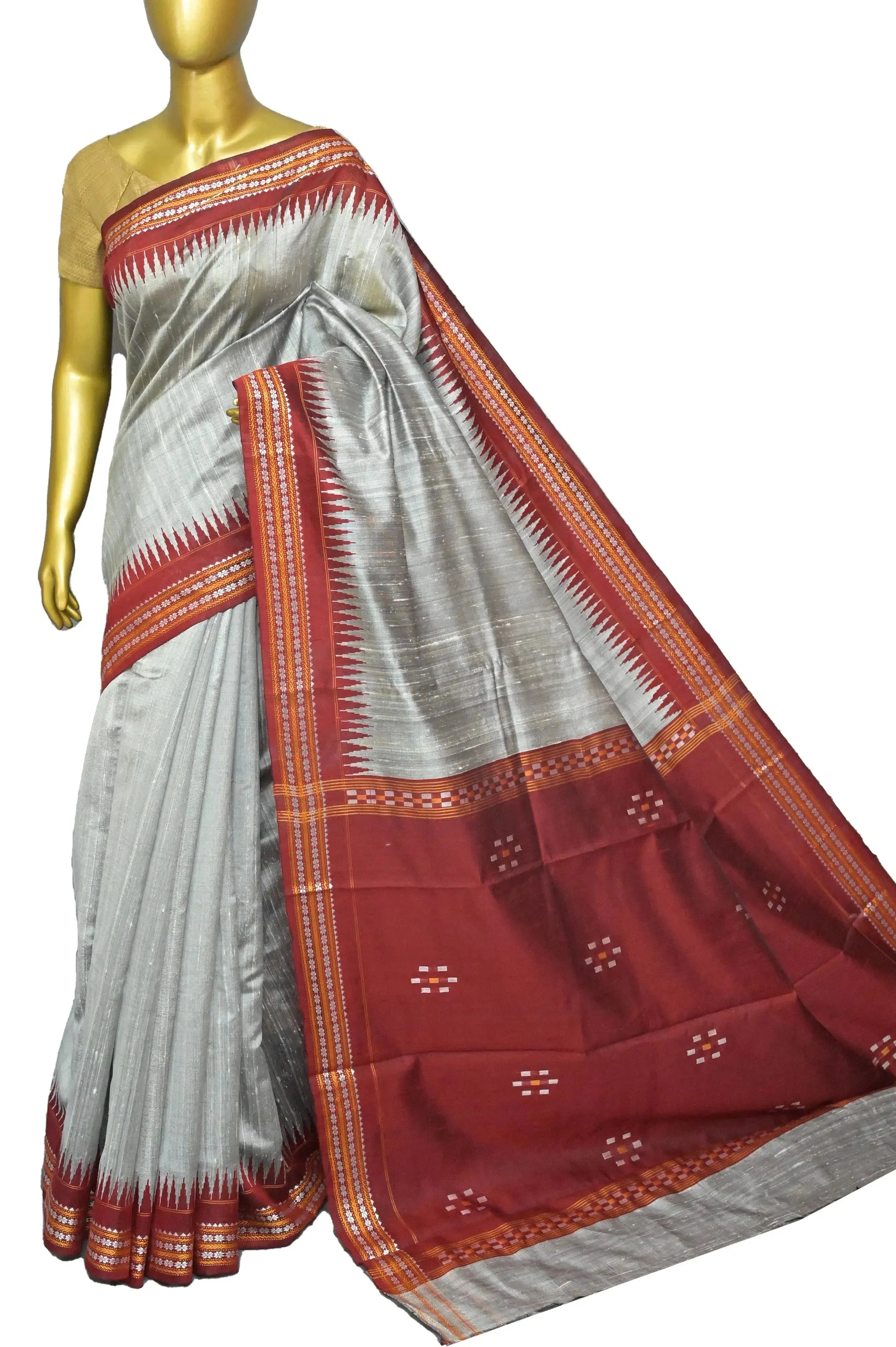 Grey and Red Color Raw Silk Saree with Vidarbha Border