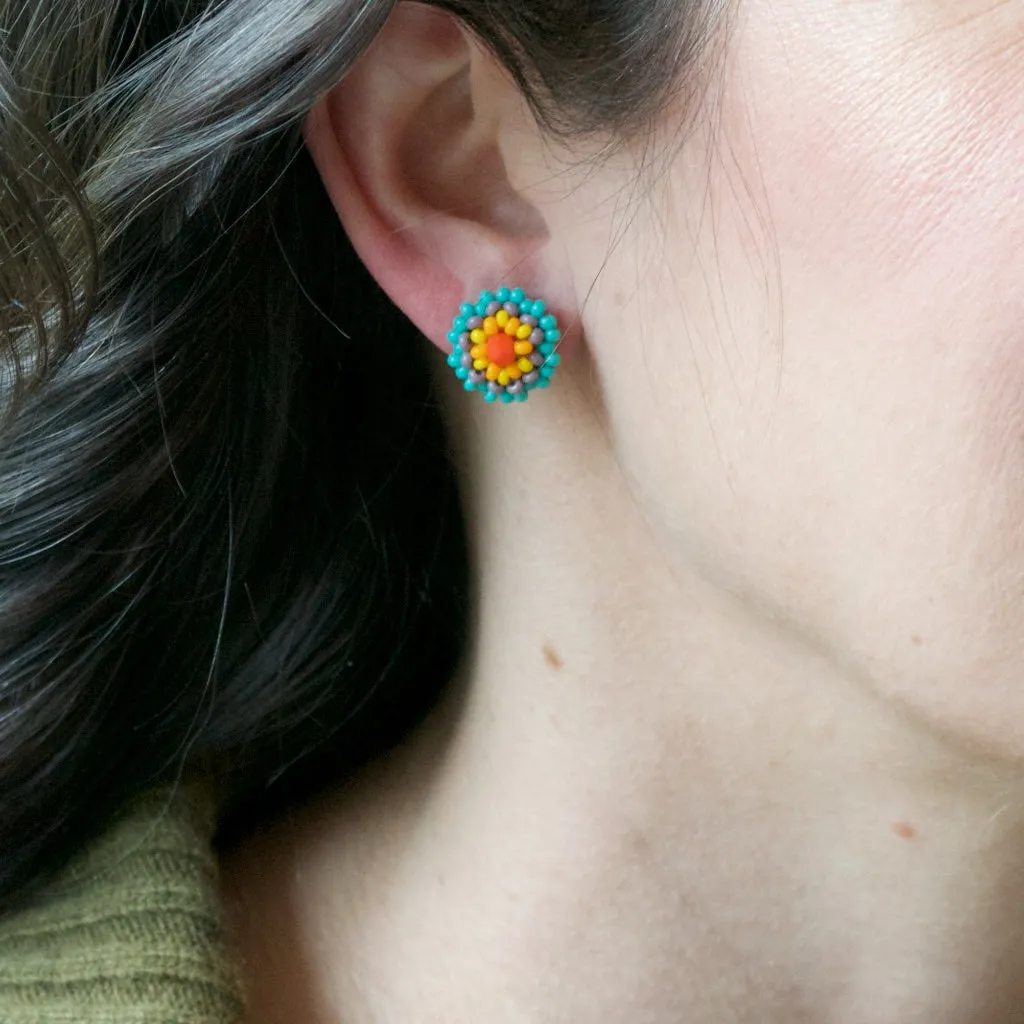 Hand Beaded Post Earrings - Blue and Yellow