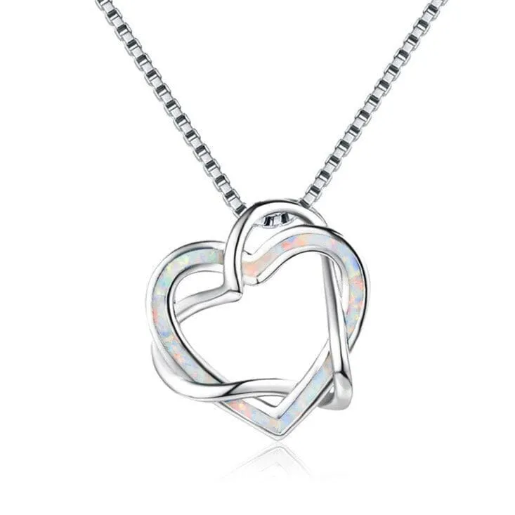 Infinity Love Heart  Blue White Fire Opal Pendant Necklace - 925 Sterling Silver