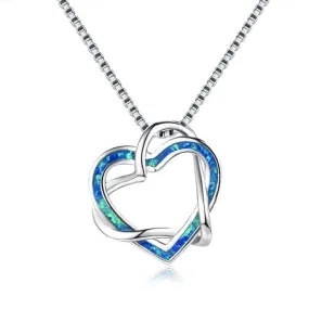 Infinity Love Heart  Blue White Fire Opal Pendant Necklace - 925 Sterling Silver