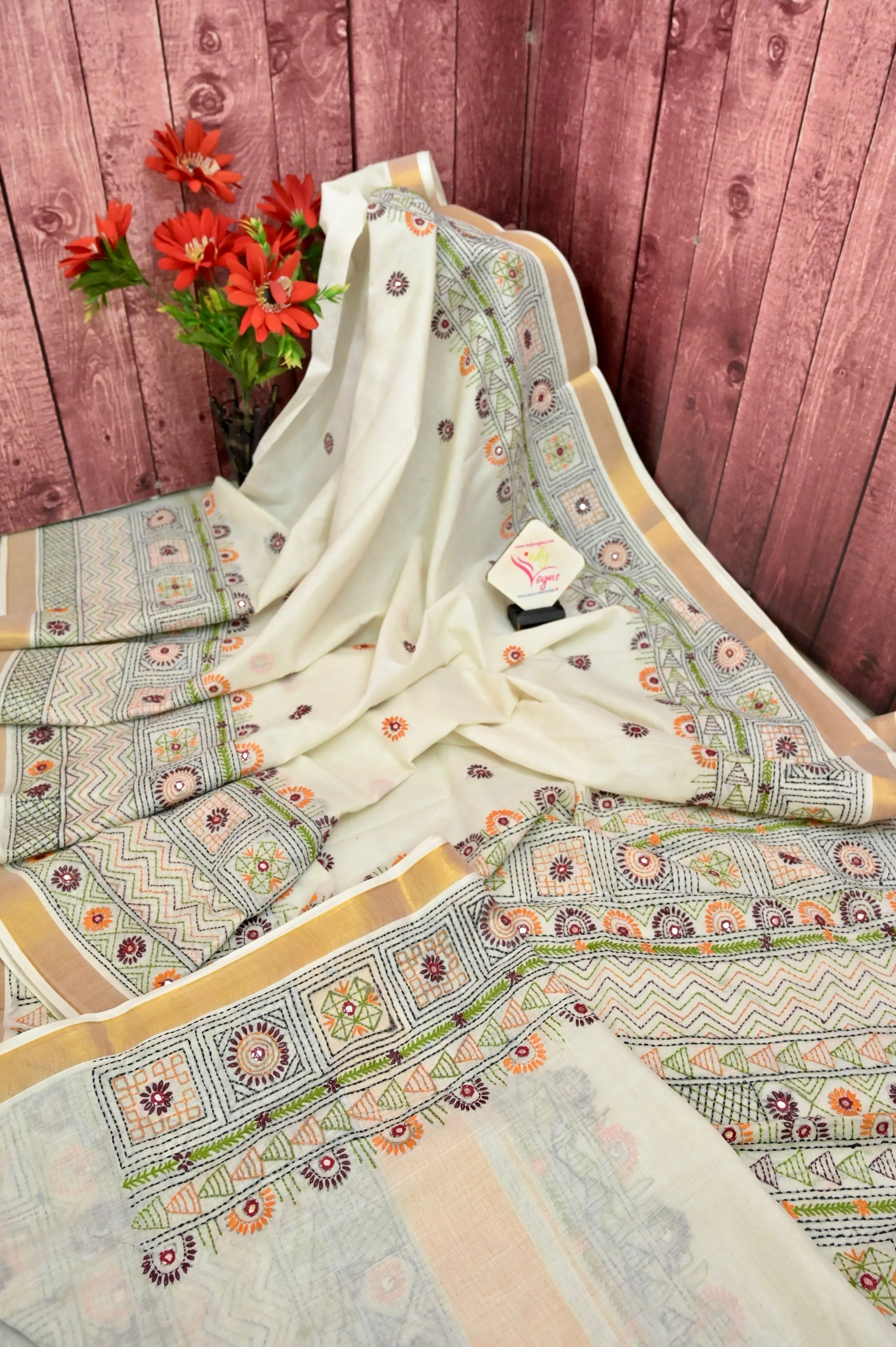 Ivory White Color Kerala Cotton Saree with Hand Lambani and Zari Border