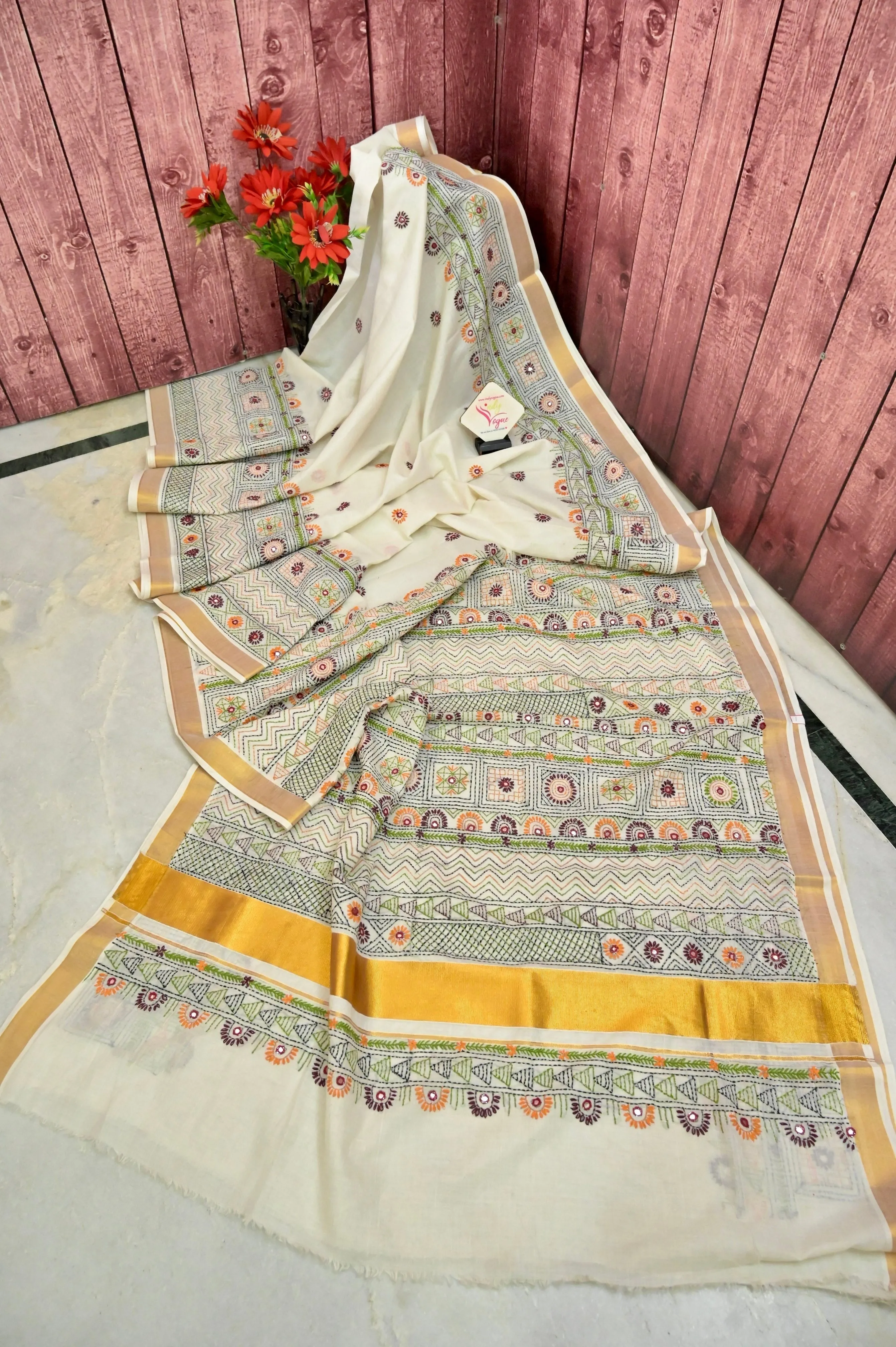 Ivory White Color Kerala Cotton Saree with Hand Lambani and Zari Border