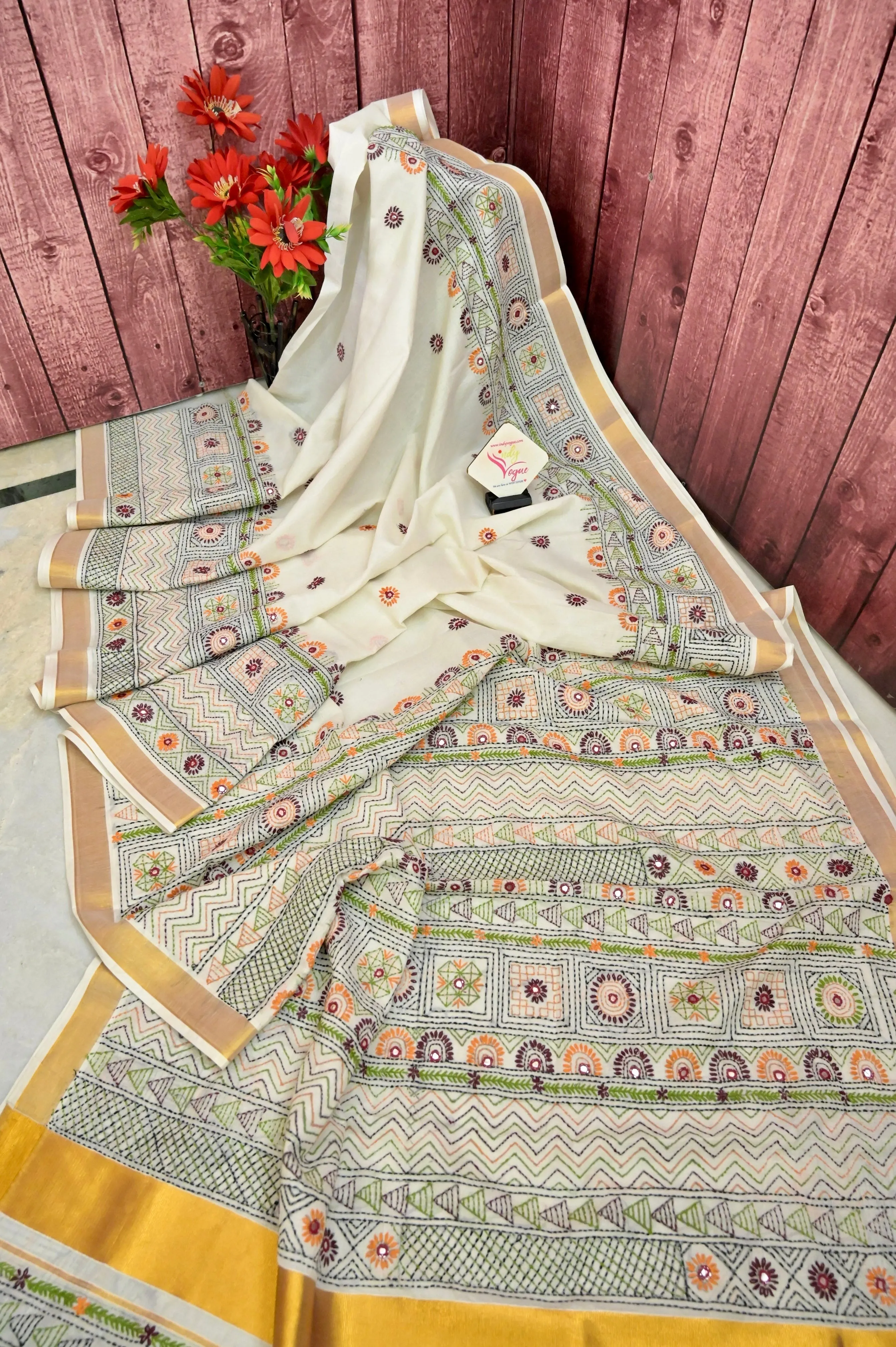 Ivory White Color Kerala Cotton Saree with Hand Lambani and Zari Border