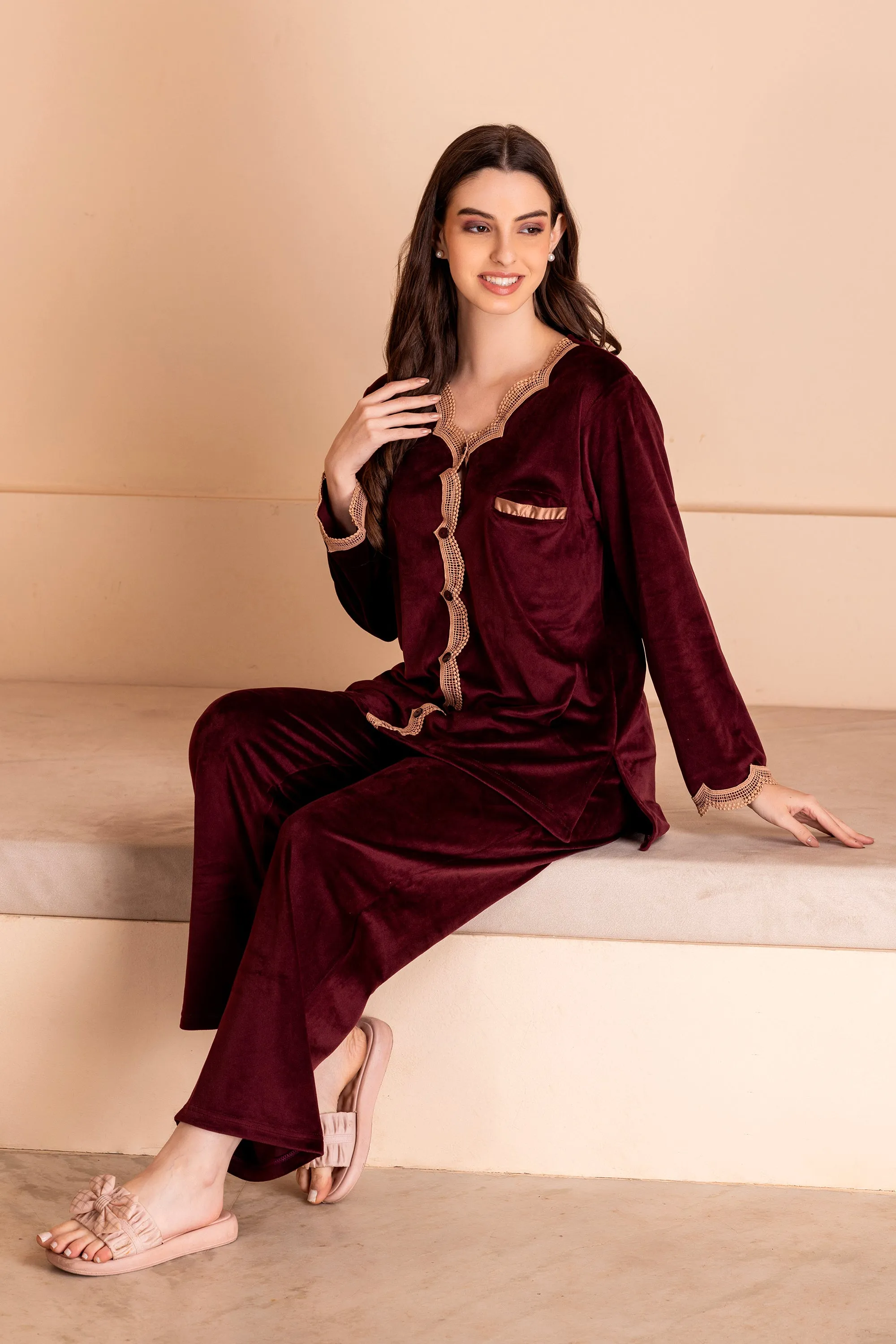 Jennifer Night suit in wine velvet