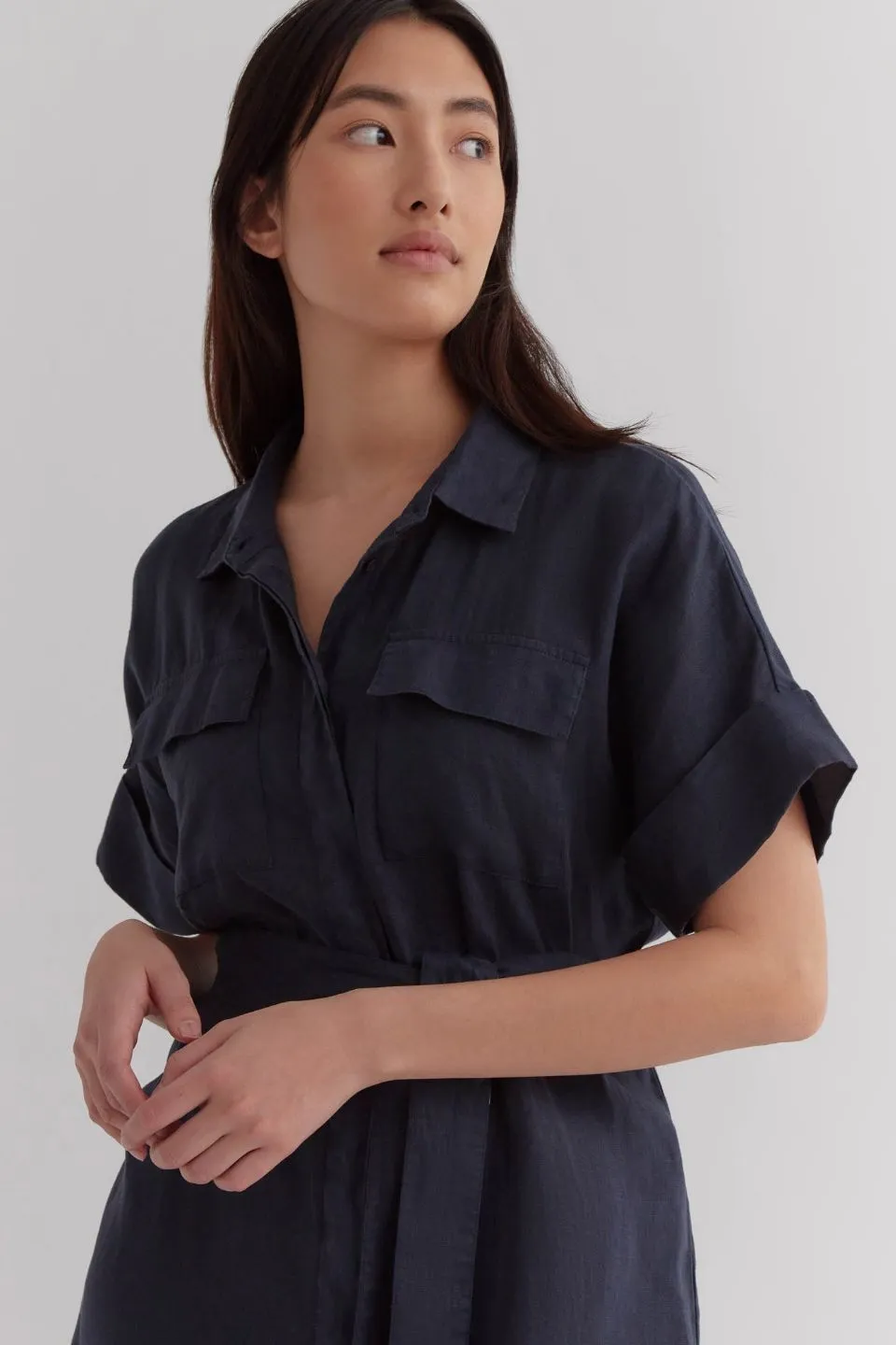 Kara True Navy Linen SS Shirt Dress