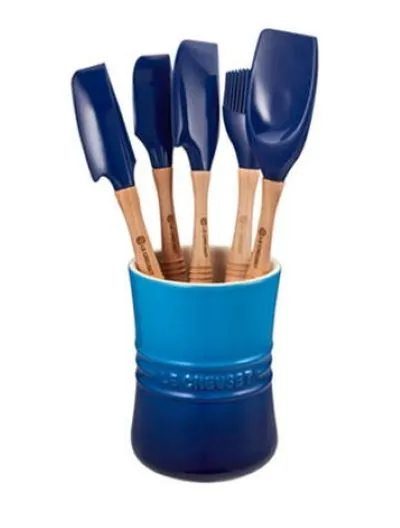 Le Creuset Revolution 6-Piece Silicone Kitchen Set With Wooden Hand And 1 Stoneware Utensil Crock