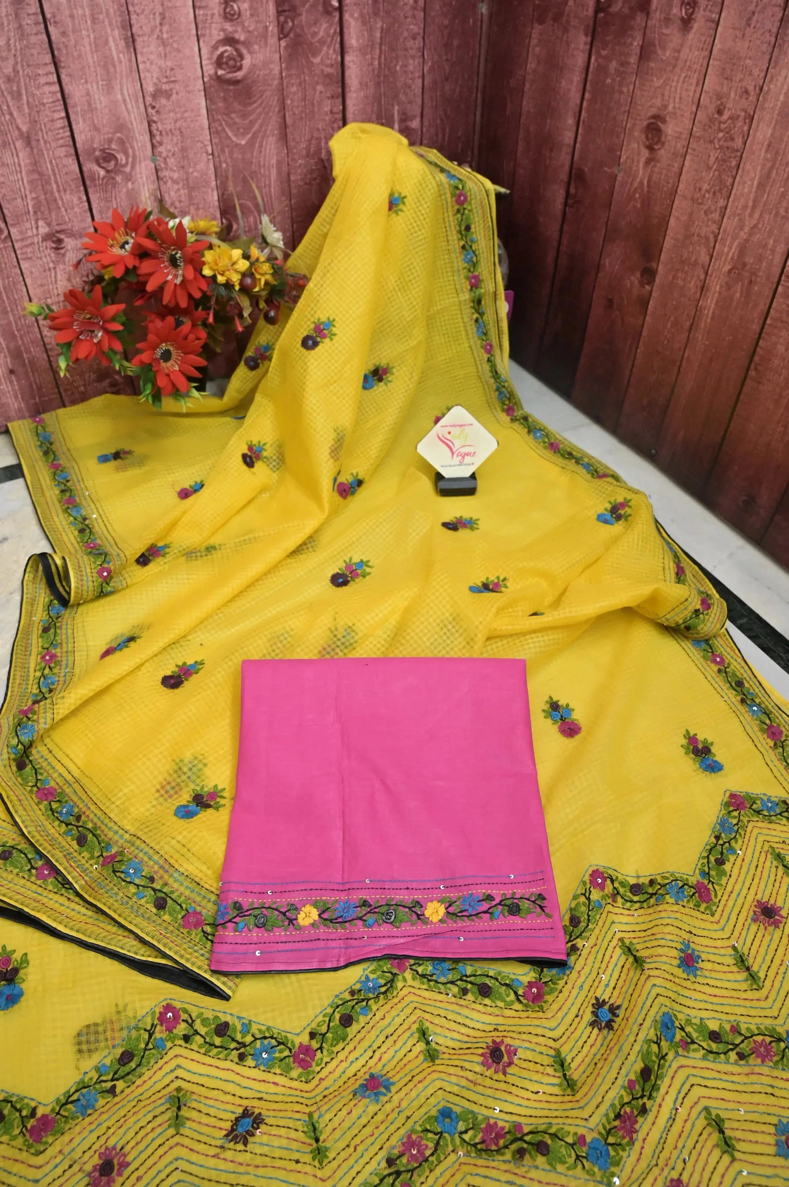 Lemon Yellow Color Resham Kota Saree with Hand Bullion and Parsi with Sequin Work