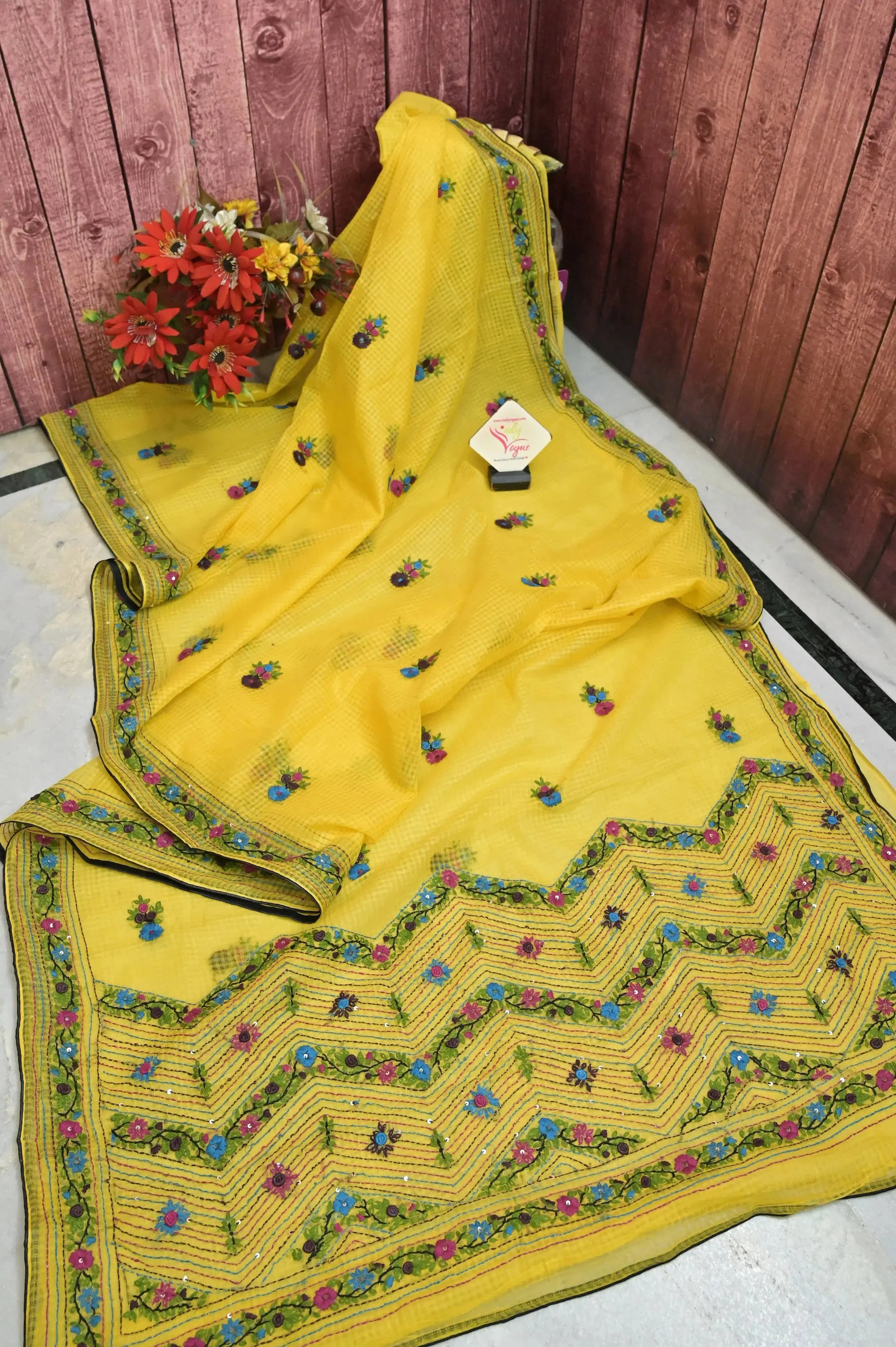 Lemon Yellow Color Resham Kota Saree with Hand Bullion and Parsi with Sequin Work