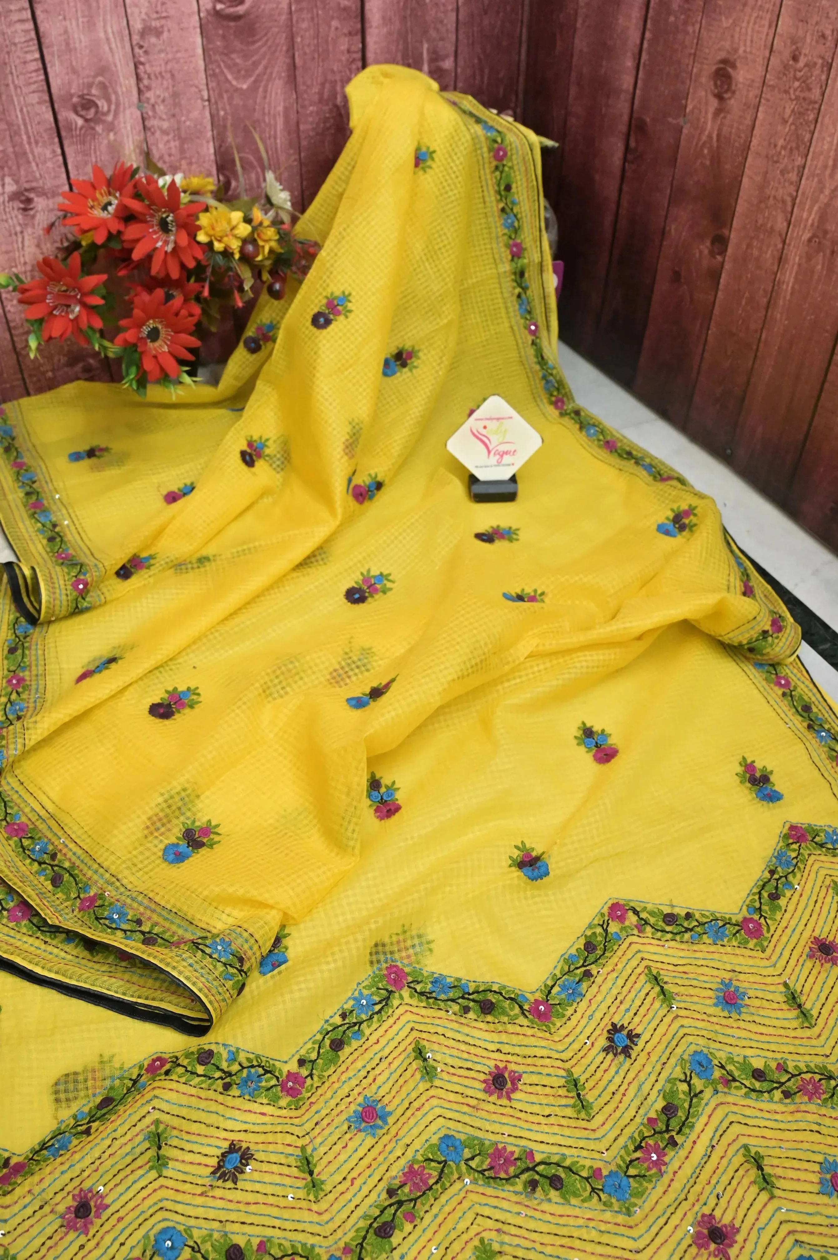 Lemon Yellow Color Resham Kota Saree with Hand Bullion and Parsi with Sequin Work