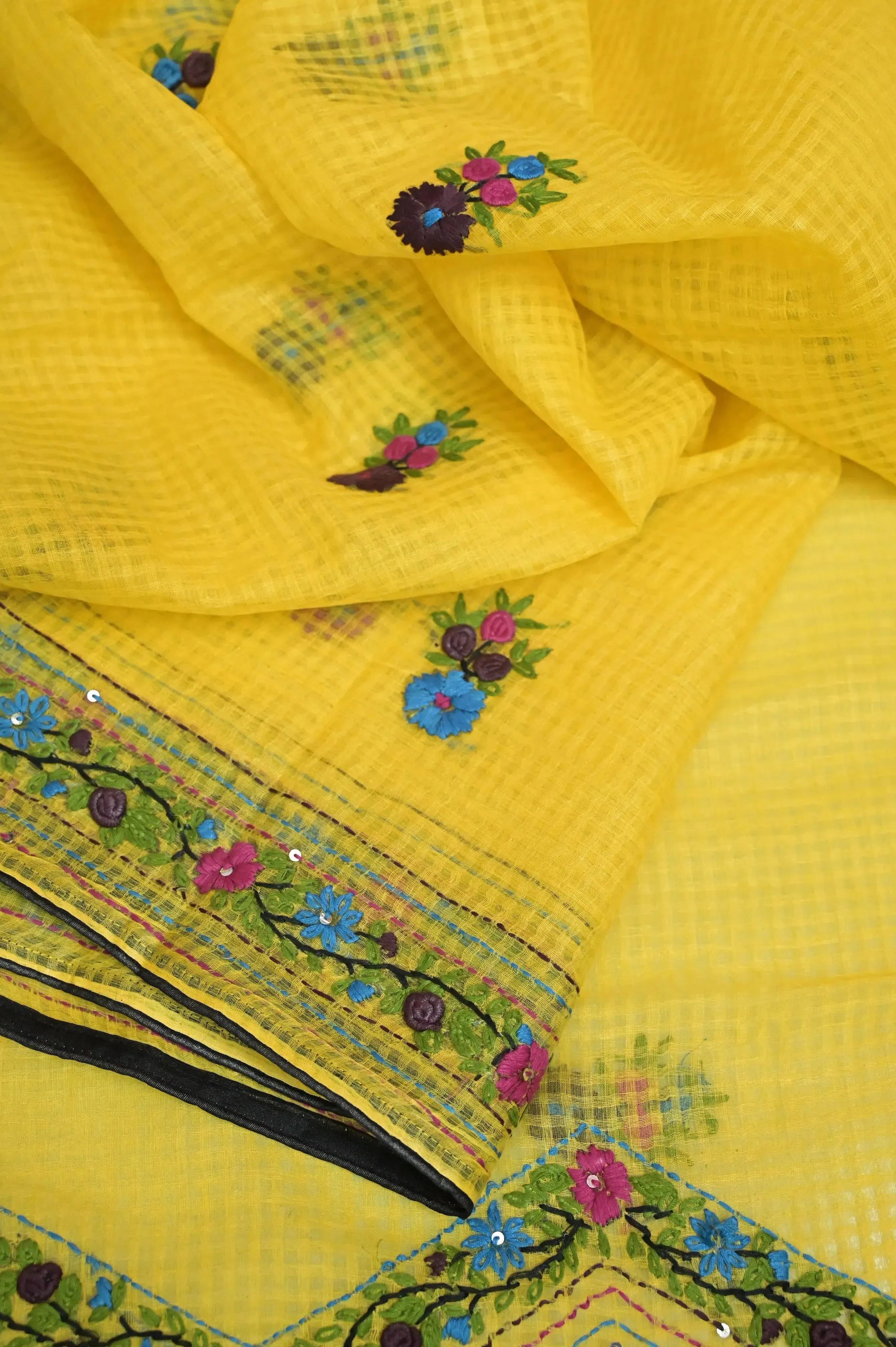 Lemon Yellow Color Resham Kota Saree with Hand Bullion and Parsi with Sequin Work