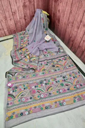 Light Lavender Color Resham Kota with Checks with Hand Lambani and Piping Work