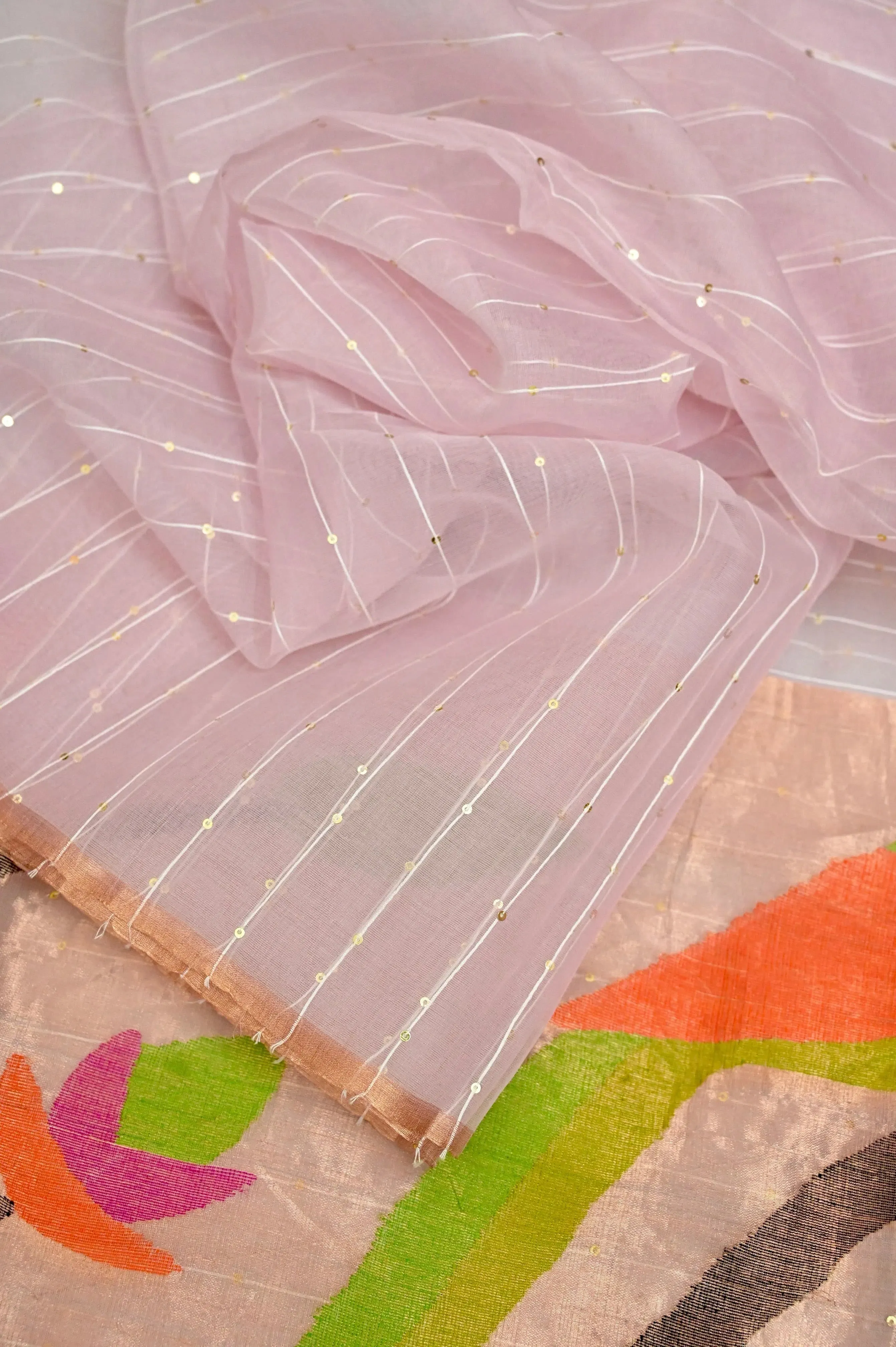 Light Pink Color Muslin Saree with Allover Line Pattern Sequin Work and Paithani Pallu