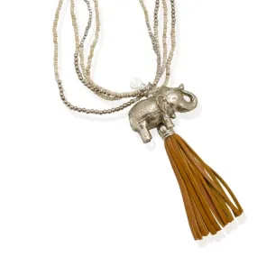 Long Elephant Pendant and Leather Tassel Necklace