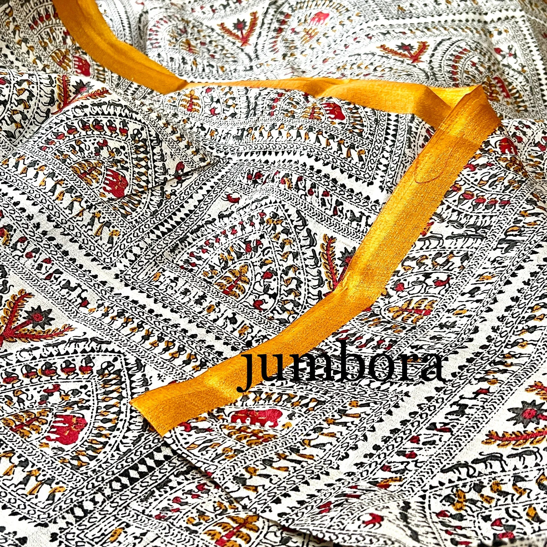 Madhubani Print Cream & Mustard Color Jute Silk Saree