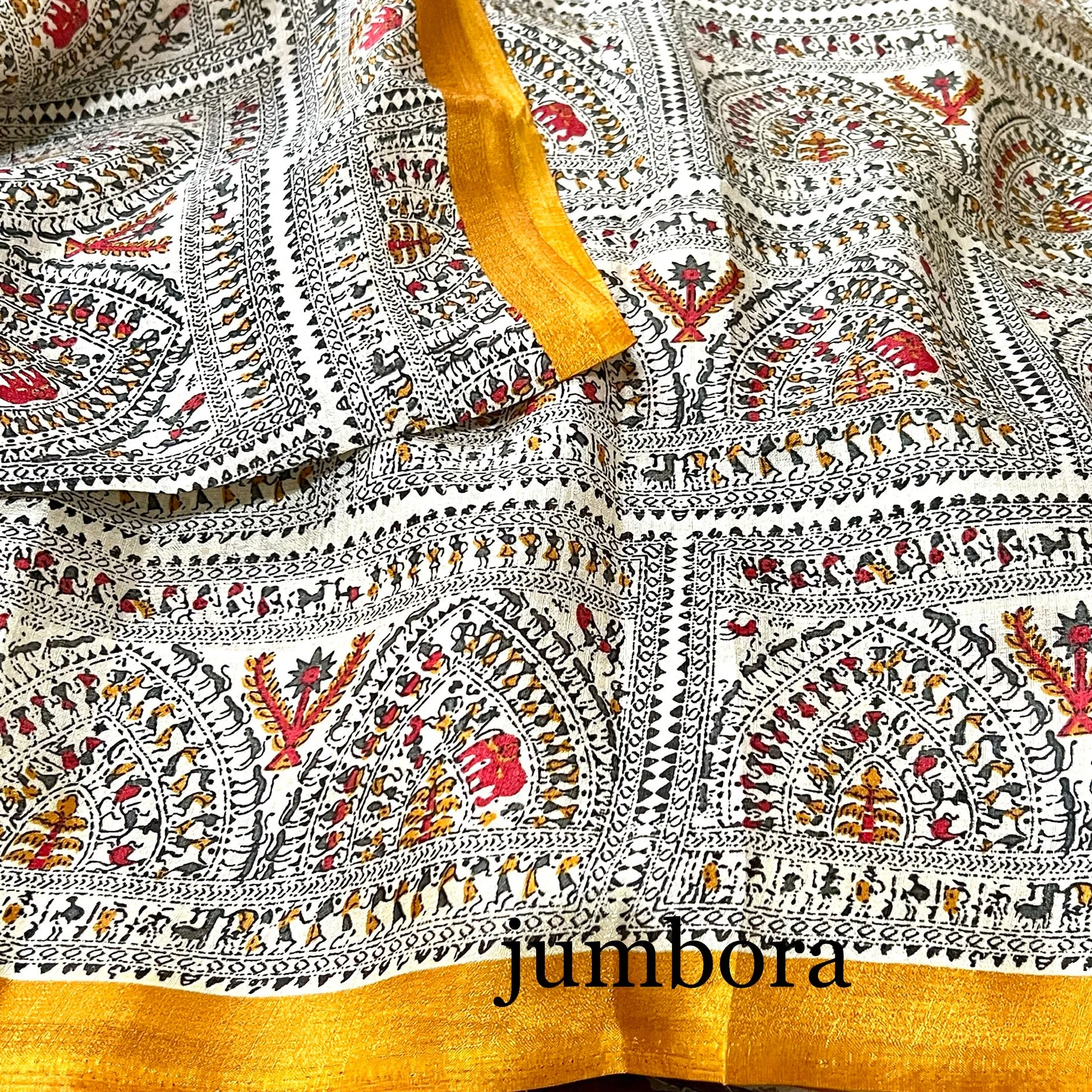 Madhubani Print Cream & Mustard Color Jute Silk Saree