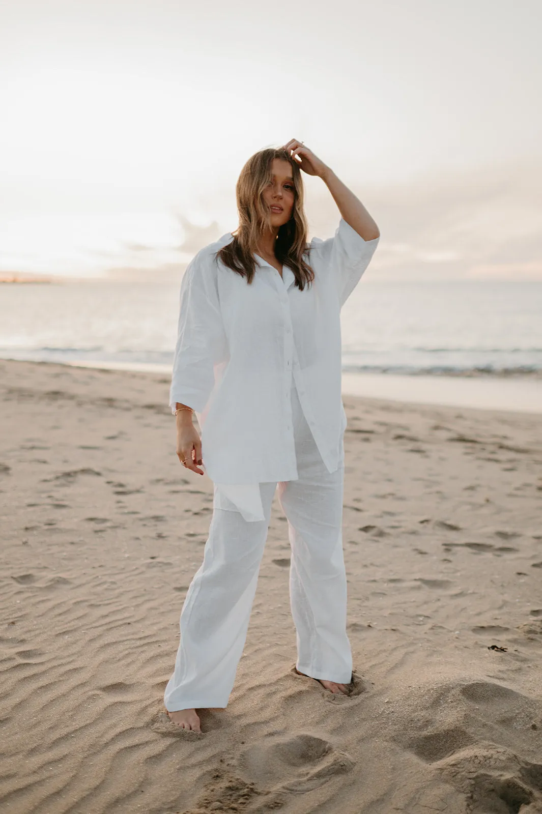 Margot Oversized Linen Shirt Dress in Dove White