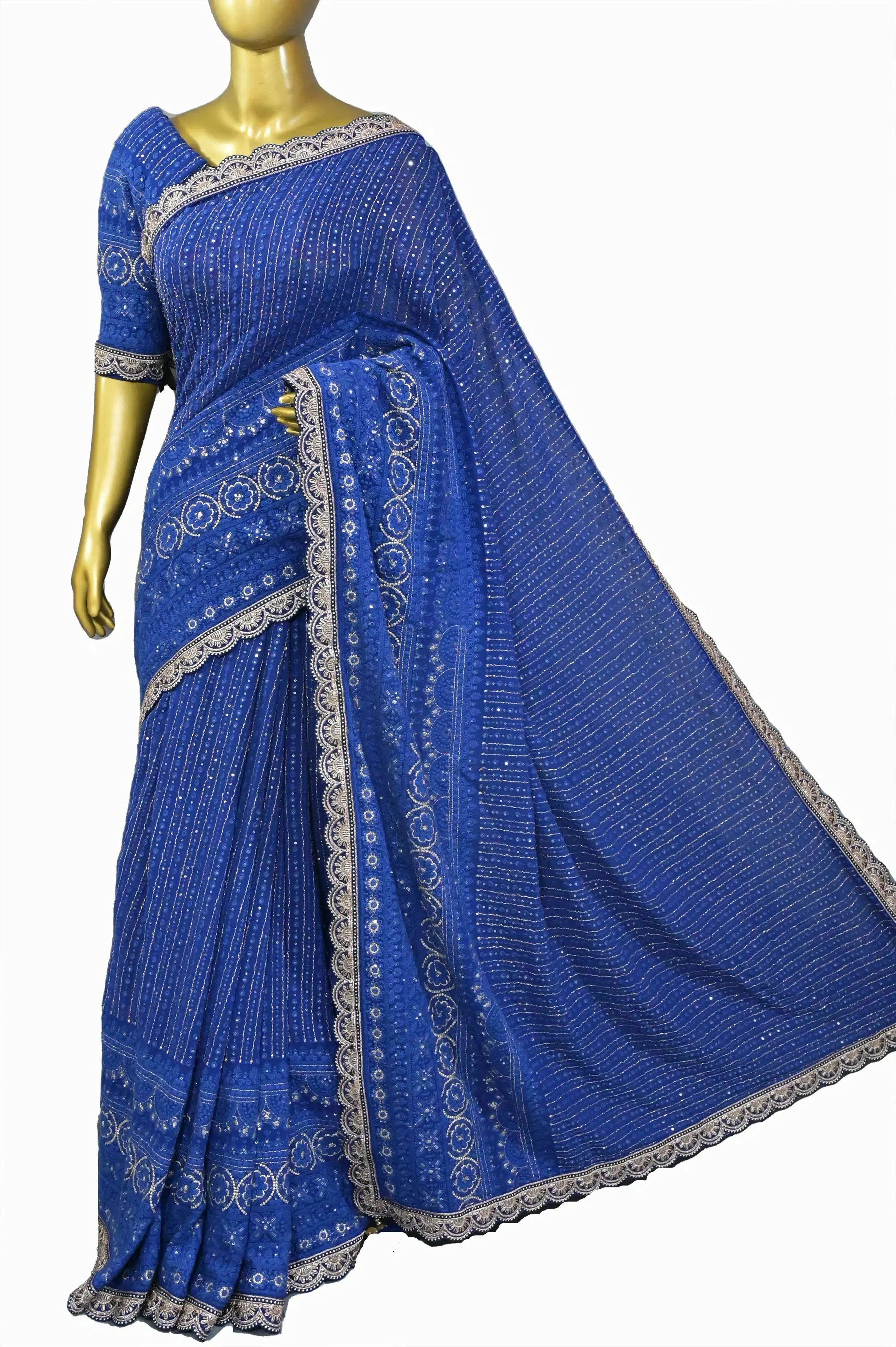 Midnight Blue Color Georgette Saree with Zari Chikankari and Sequin Style Embroidery