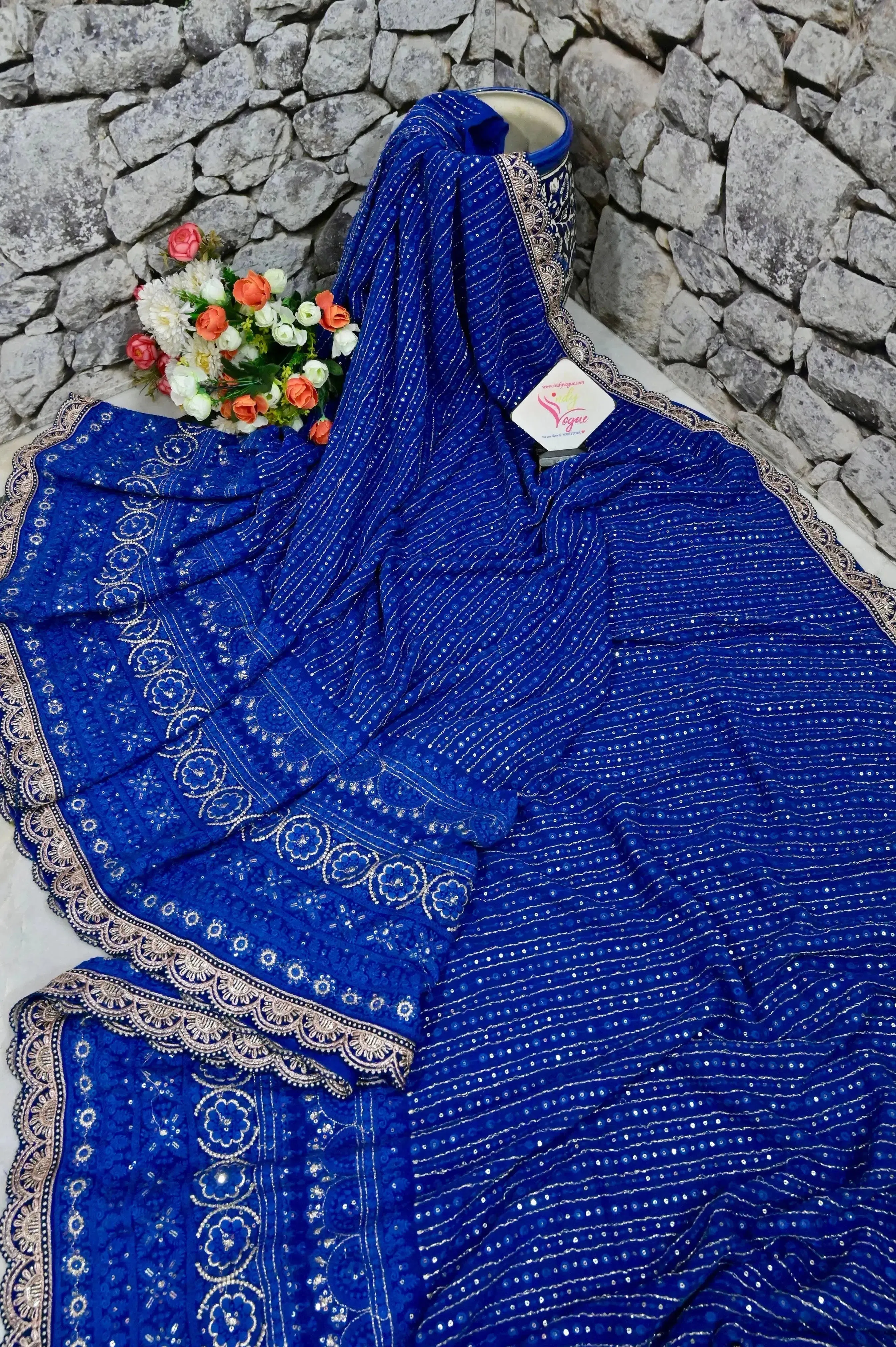 Midnight Blue Color Georgette Saree with Zari Chikankari and Sequin Style Embroidery