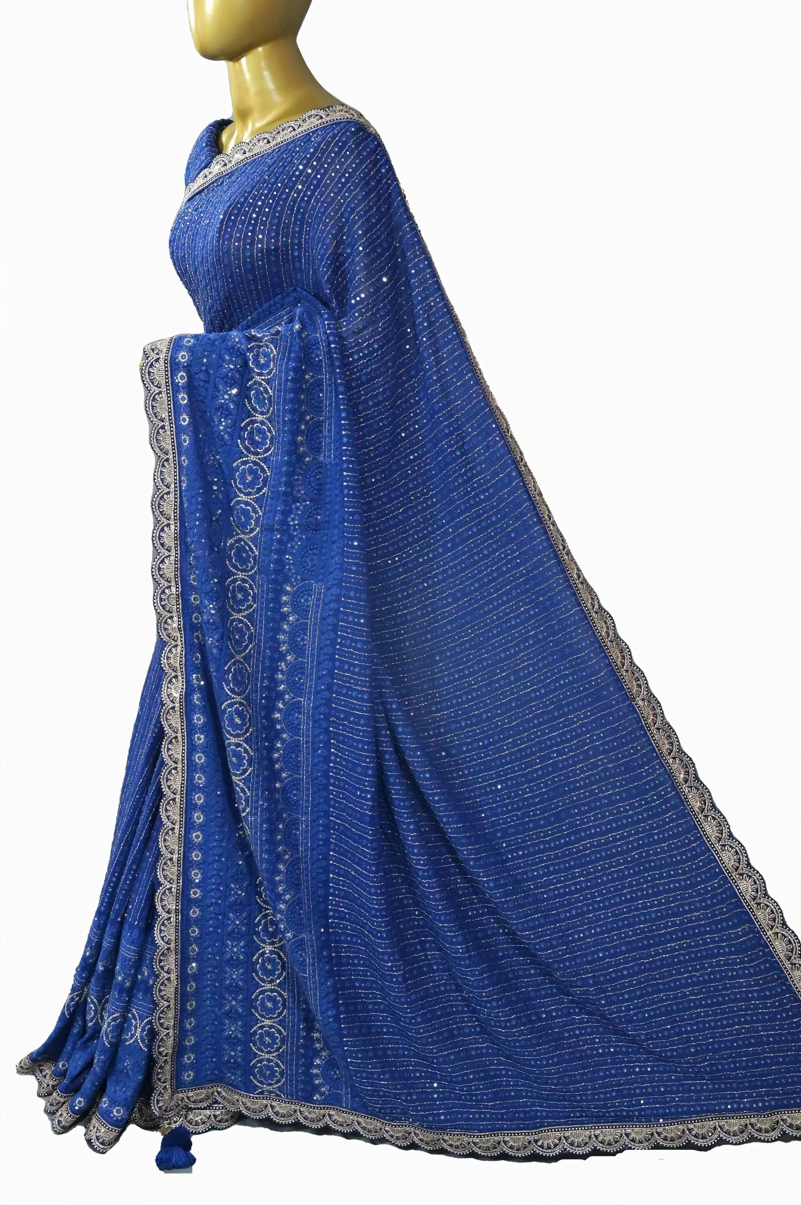 Midnight Blue Color Georgette Saree with Zari Chikankari and Sequin Style Embroidery