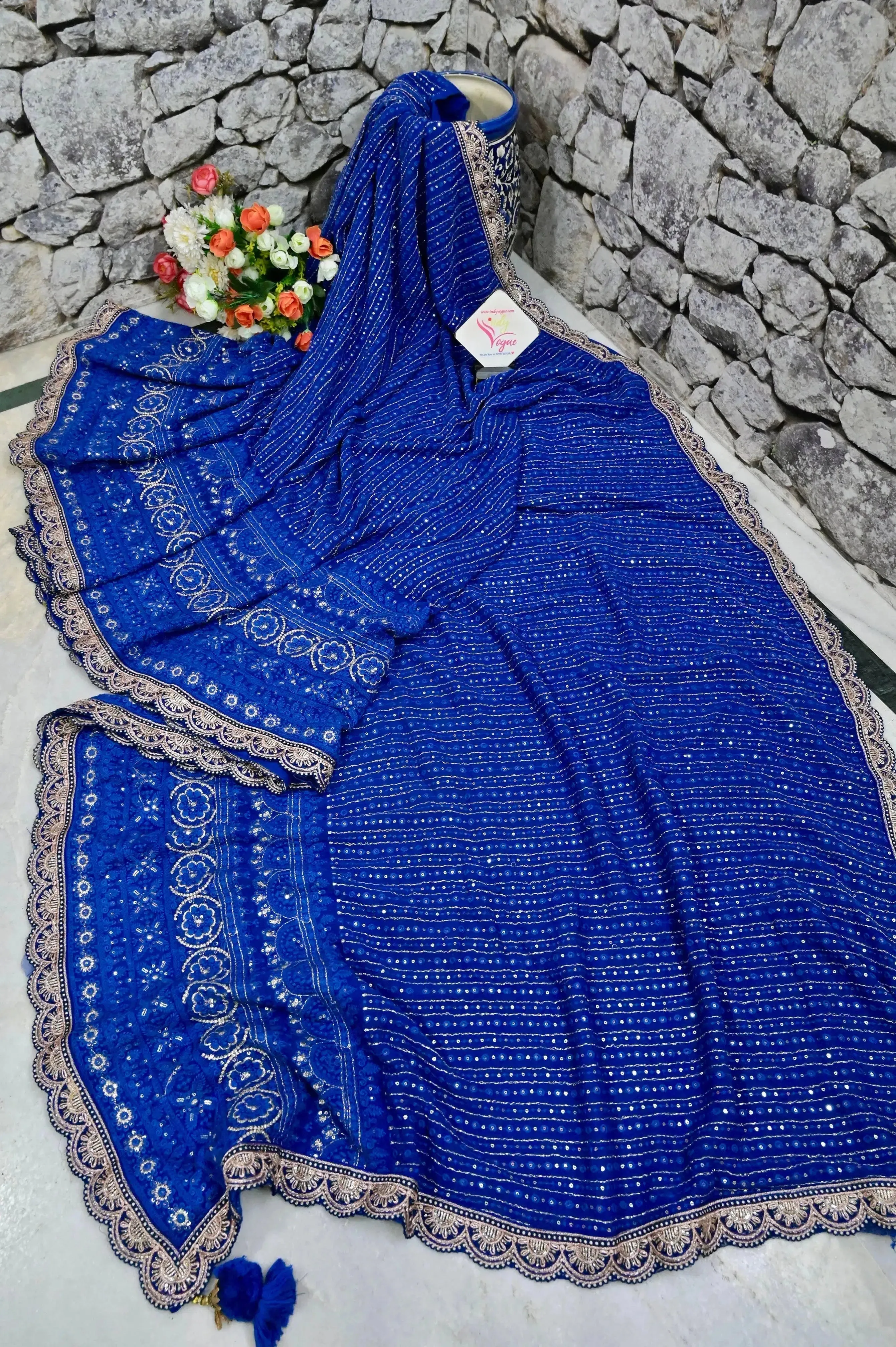 Midnight Blue Color Georgette Saree with Zari Chikankari and Sequin Style Embroidery