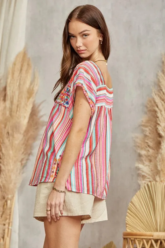 Multi-Color Stripe Embroidered Top