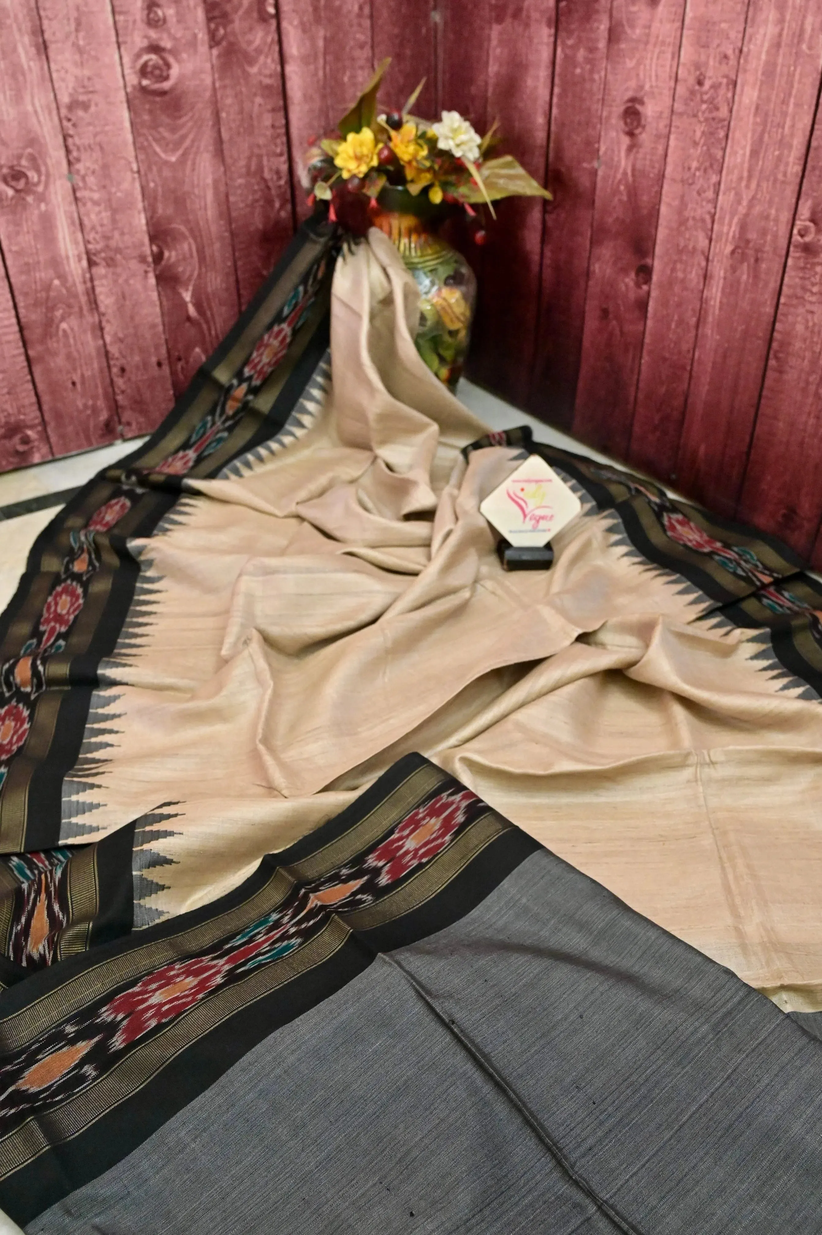 Natural Hay Color Tussar Silk Saree with Sambalpuri Border and Sambalpuri Pallu