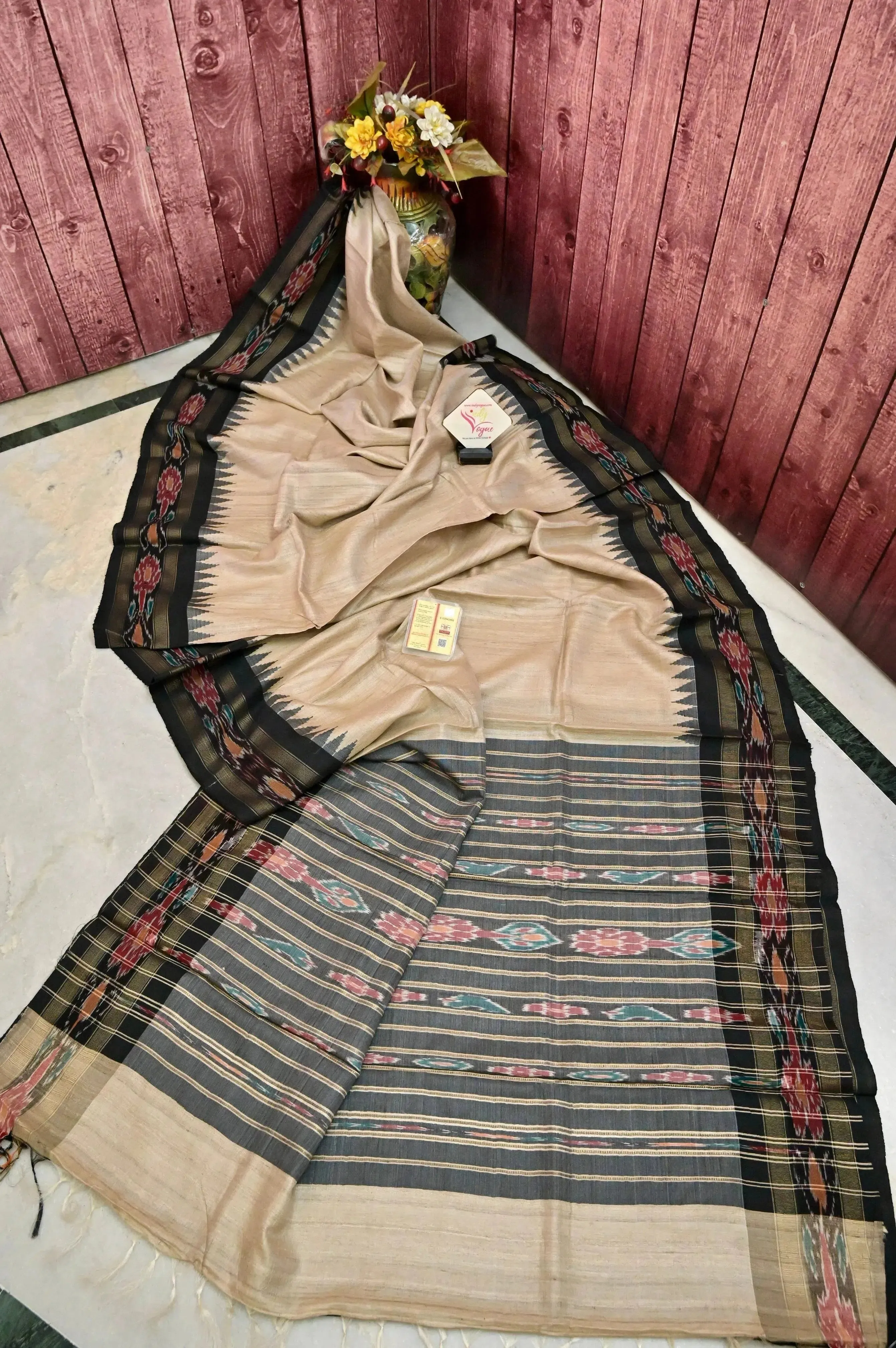 Natural Hay Color Tussar Silk Saree with Sambalpuri Border and Sambalpuri Pallu