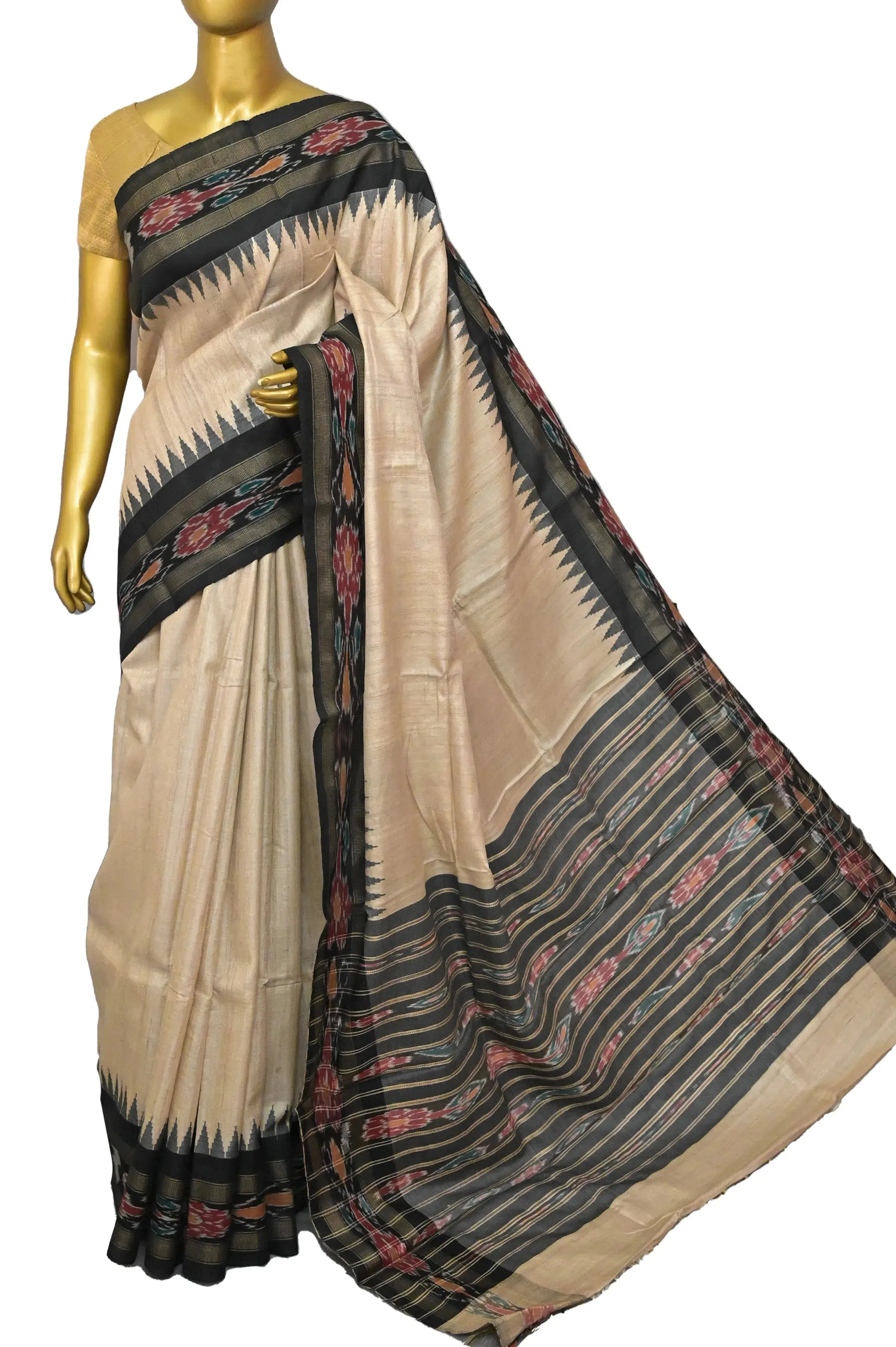 Natural Hay Color Tussar Silk Saree with Sambalpuri Border and Sambalpuri Pallu