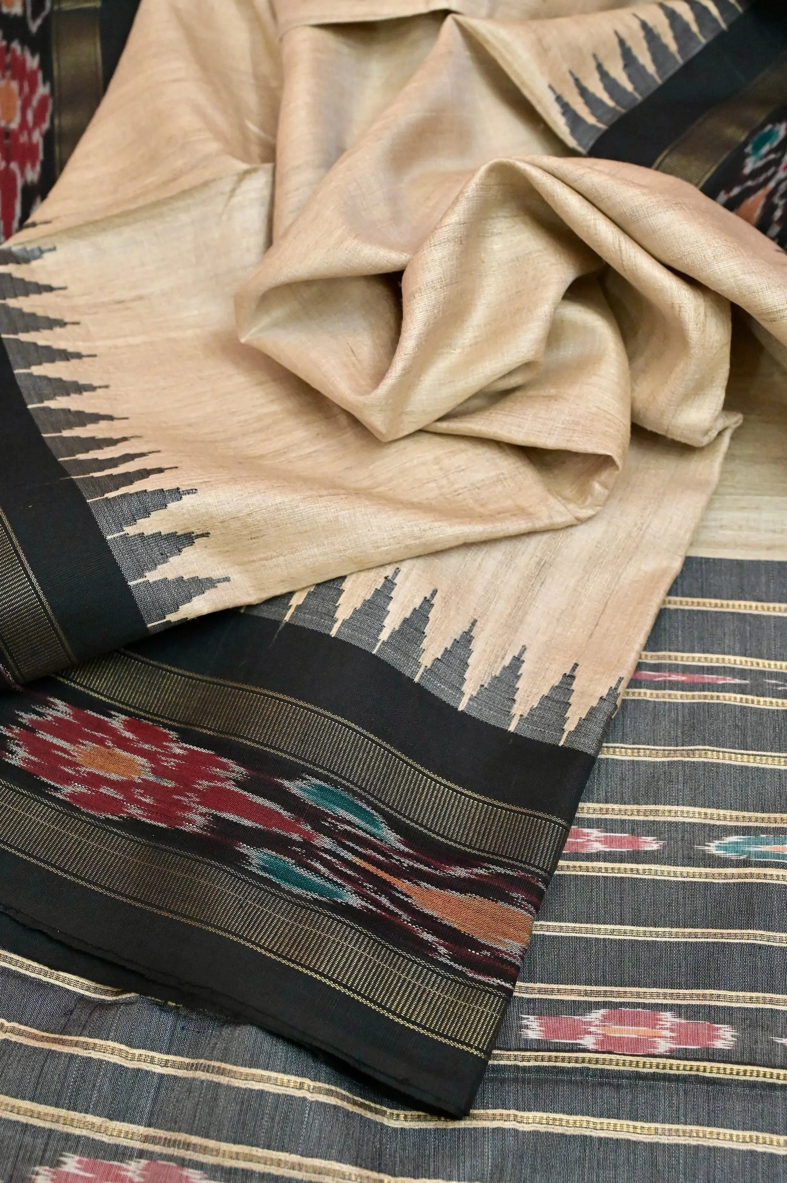 Natural Hay Color Tussar Silk Saree with Sambalpuri Border and Sambalpuri Pallu