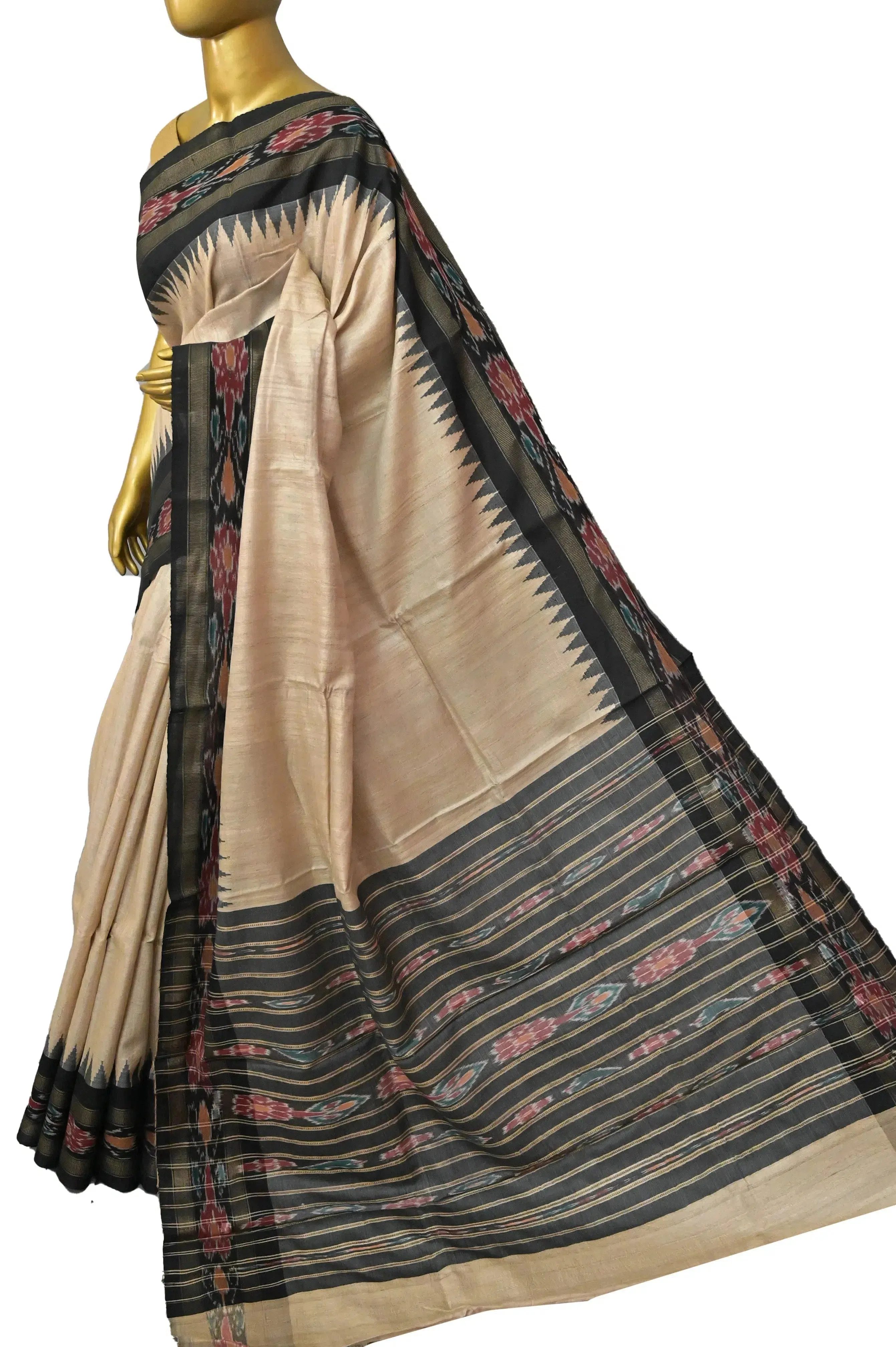 Natural Hay Color Tussar Silk Saree with Sambalpuri Border and Sambalpuri Pallu