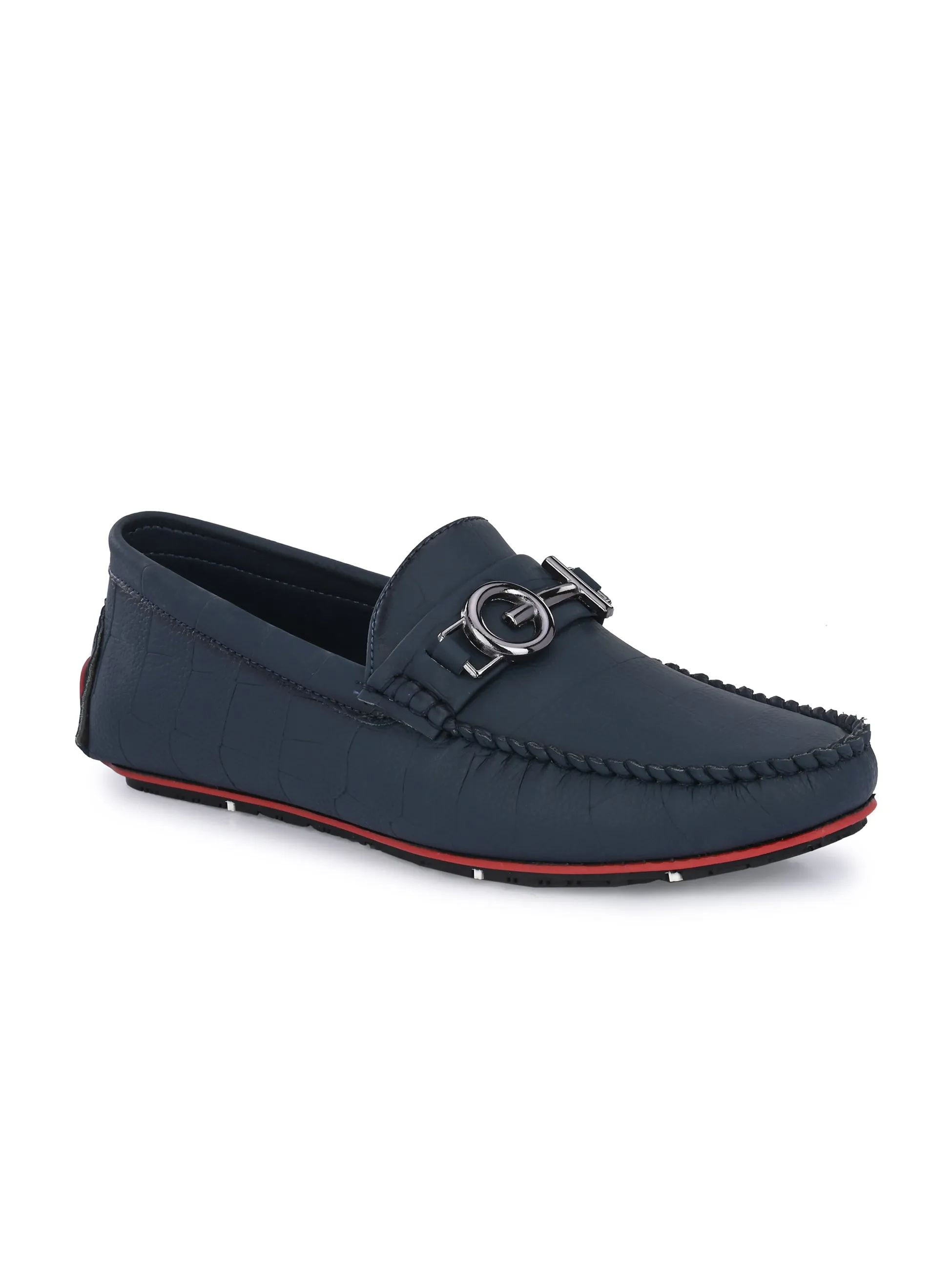 Navy Blue Round Toe Loafers With Metal Accent