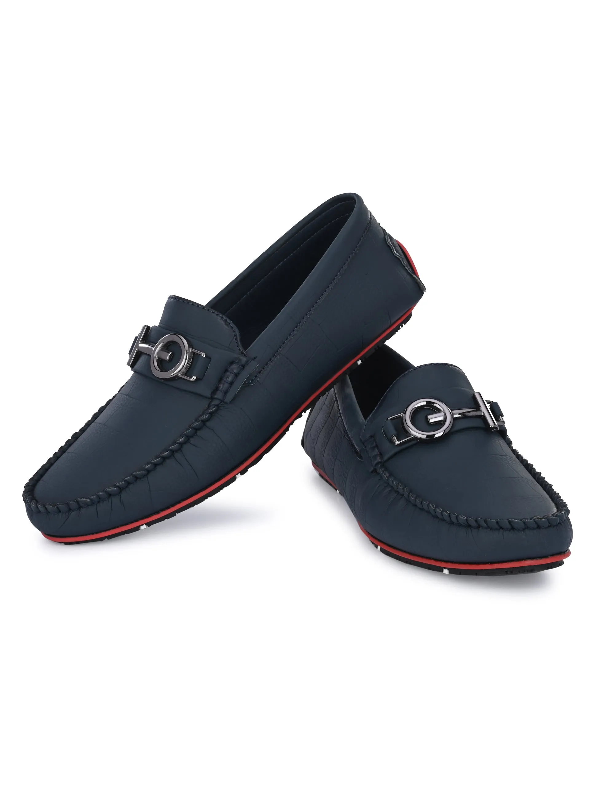 Navy Blue Round Toe Loafers With Metal Accent