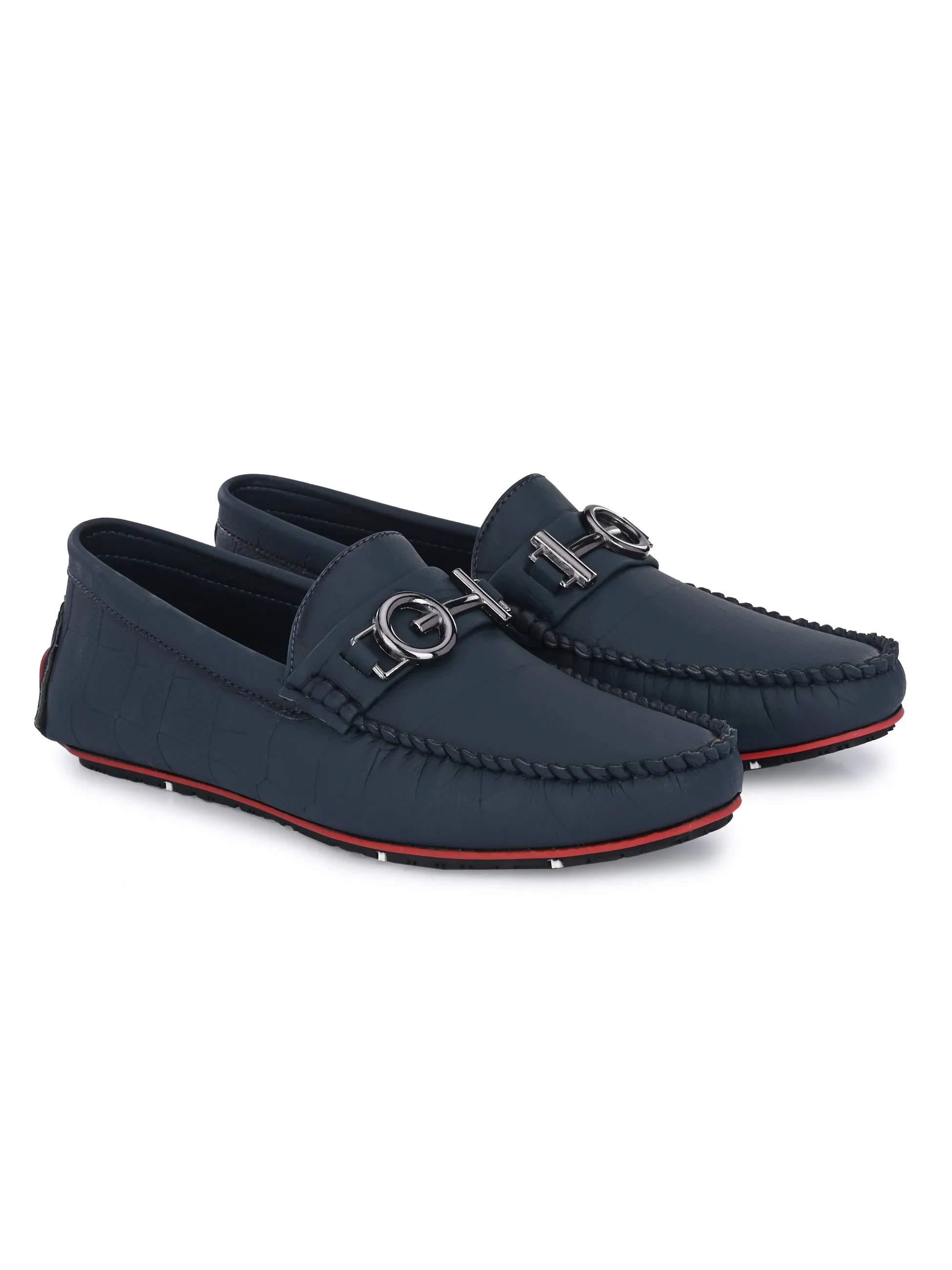 Navy Blue Round Toe Loafers With Metal Accent